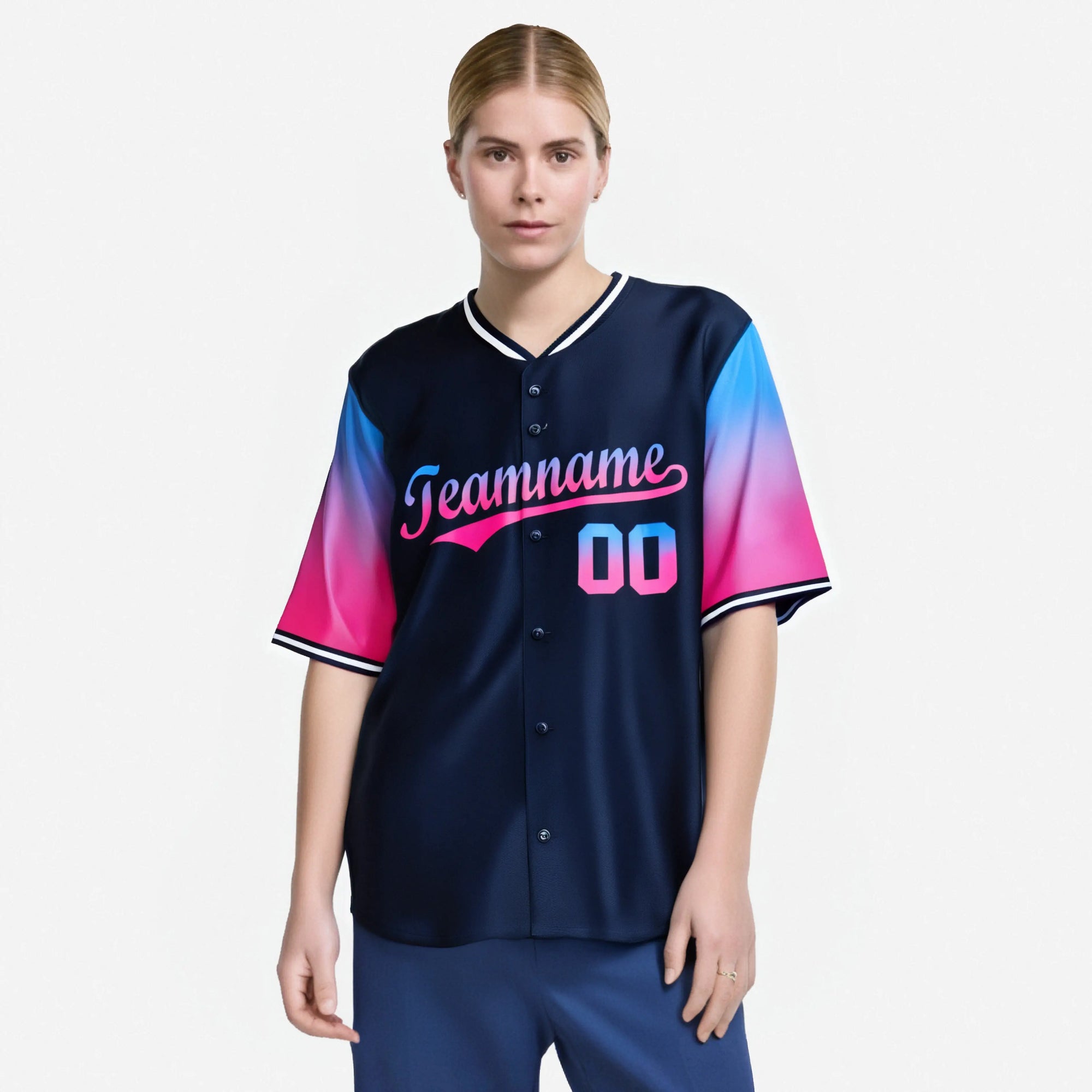 Custom Navy Powder Blue-Pink Gradient Fashion Authentic Baseball Jersey