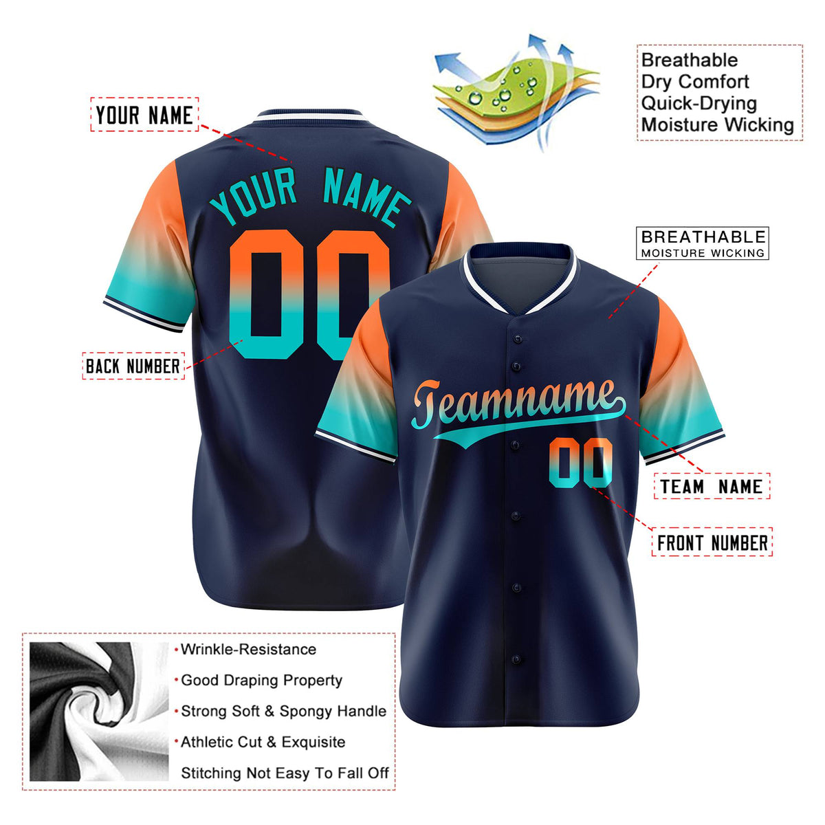 Custom Navy Orange-Aqua Gradient Fashion Authentic Baseball Jersey