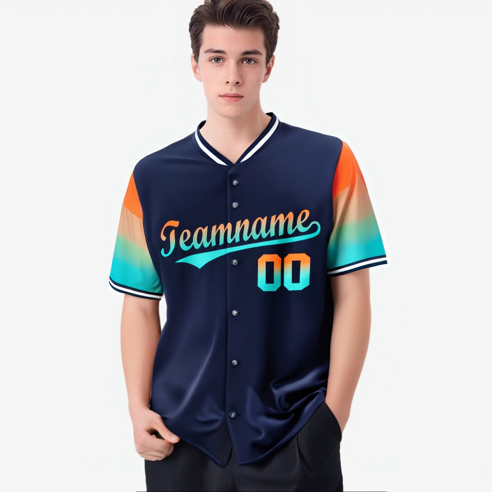 Custom Navy Orange-Aqua Gradient Fashion Authentic Baseball Jersey