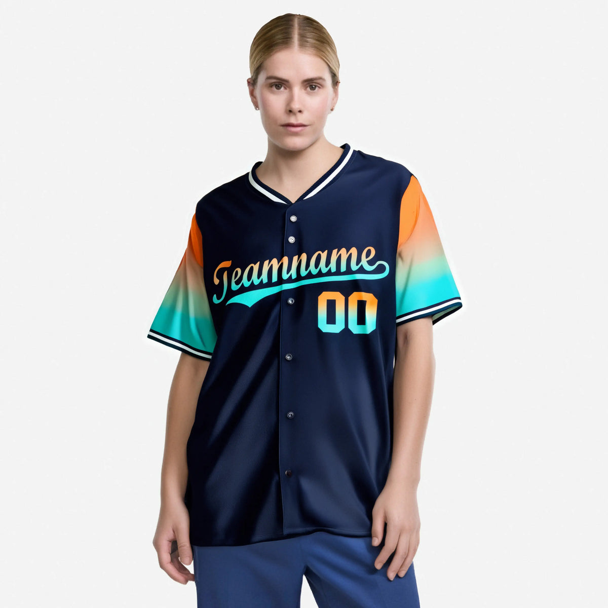 Custom Navy Orange-Aqua Gradient Fashion Authentic Baseball Jersey