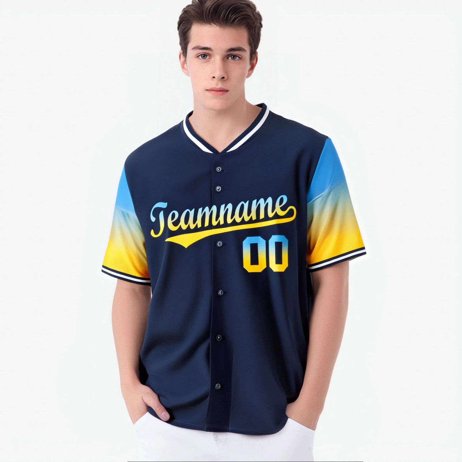 Custom Navy Powder Blue-Gold Gradient Fashion Authentic Baseball Jersey