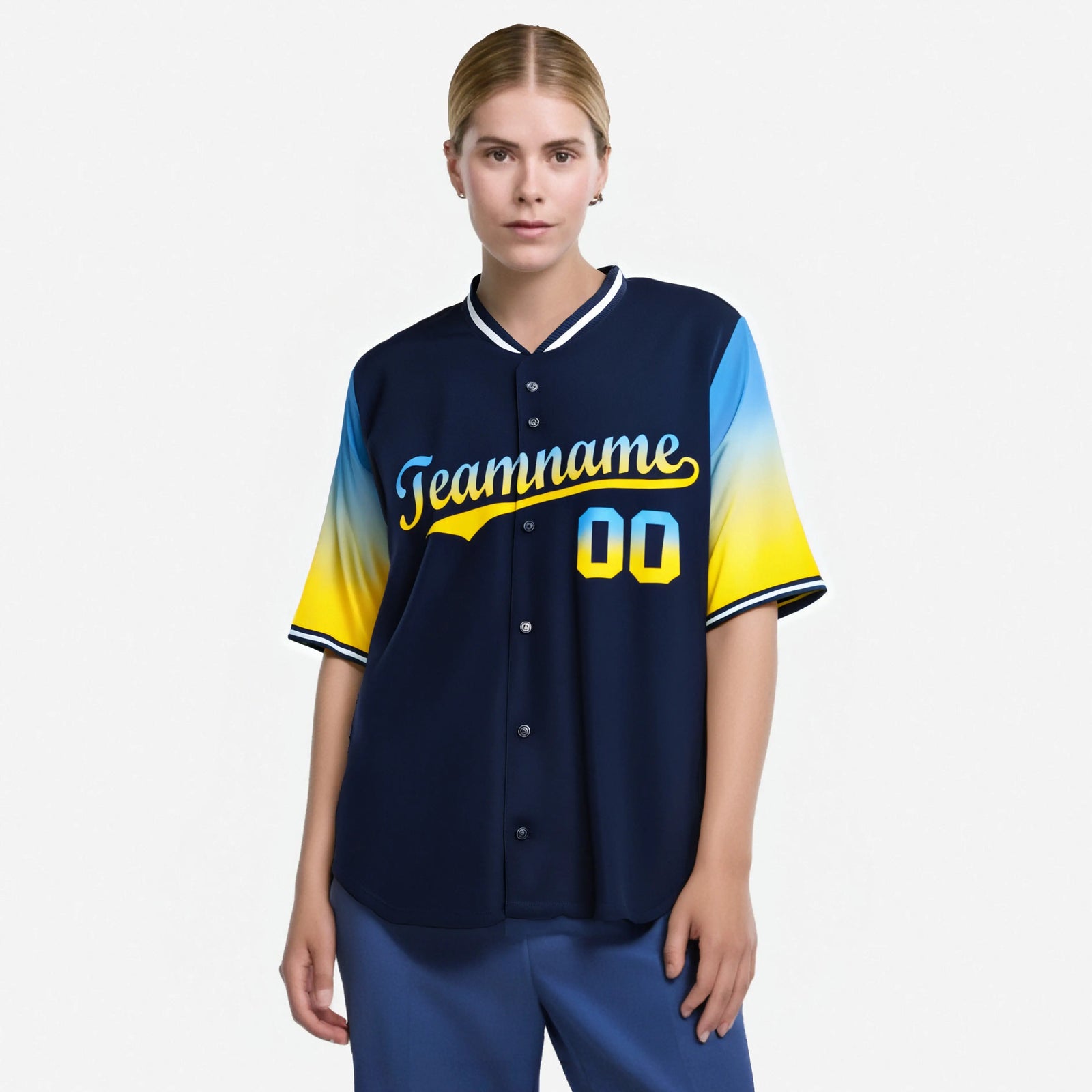 Custom Navy Powder Blue-Gold Gradient Fashion Authentic Baseball Jersey