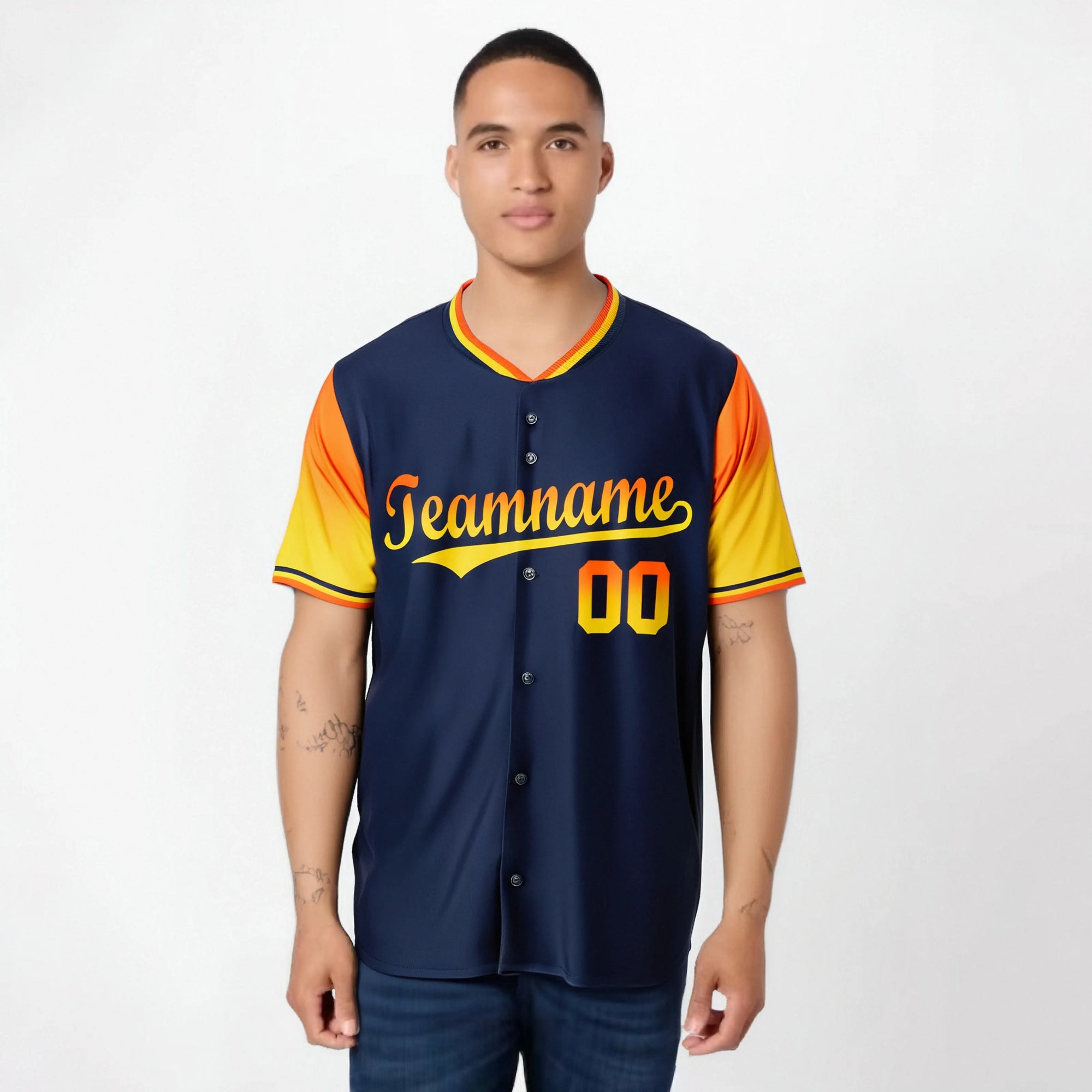 Custom Navy Orange-Gold Gradient Fashion Authentic Baseball Jersey