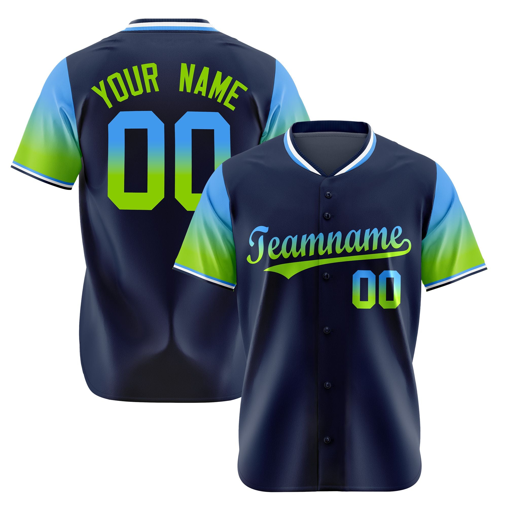 Custom Navy Powder Blue-Neon Green Gradient Fashion Authentic Baseball Jersey