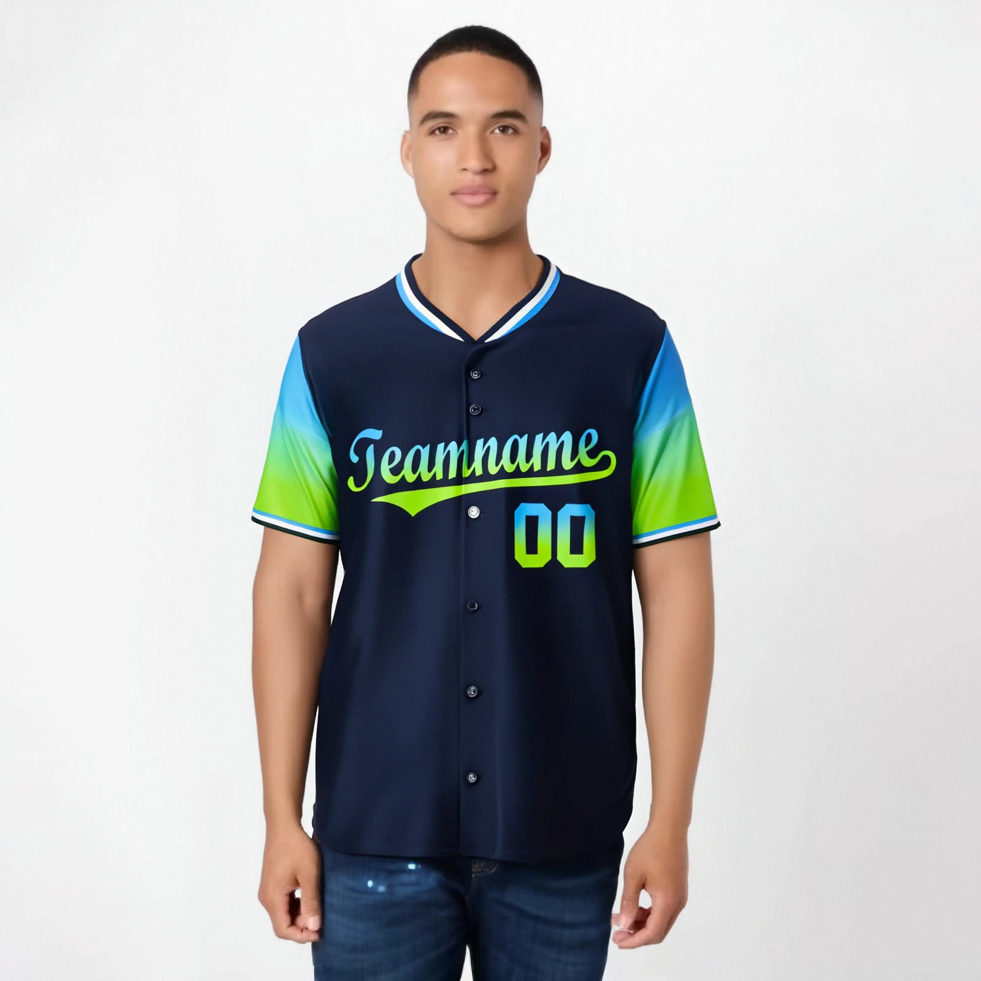 Custom Navy Powder Blue-Neon Green Gradient Fashion Authentic Baseball Jersey