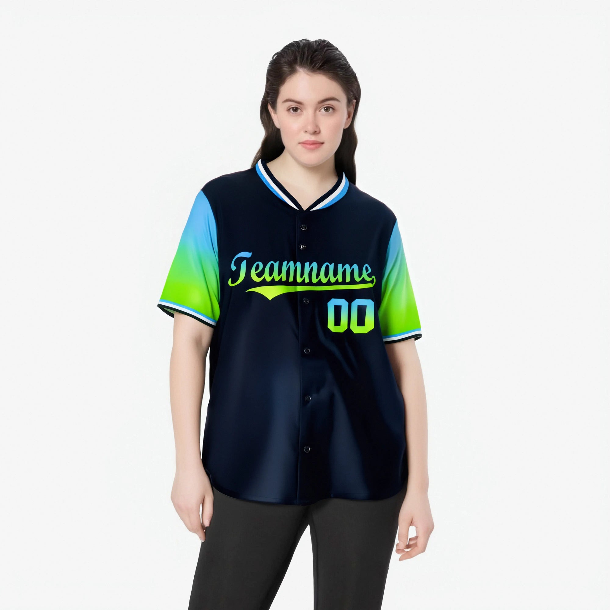 Custom Navy Powder Blue-Neon Green Gradient Fashion Authentic Baseball Jersey