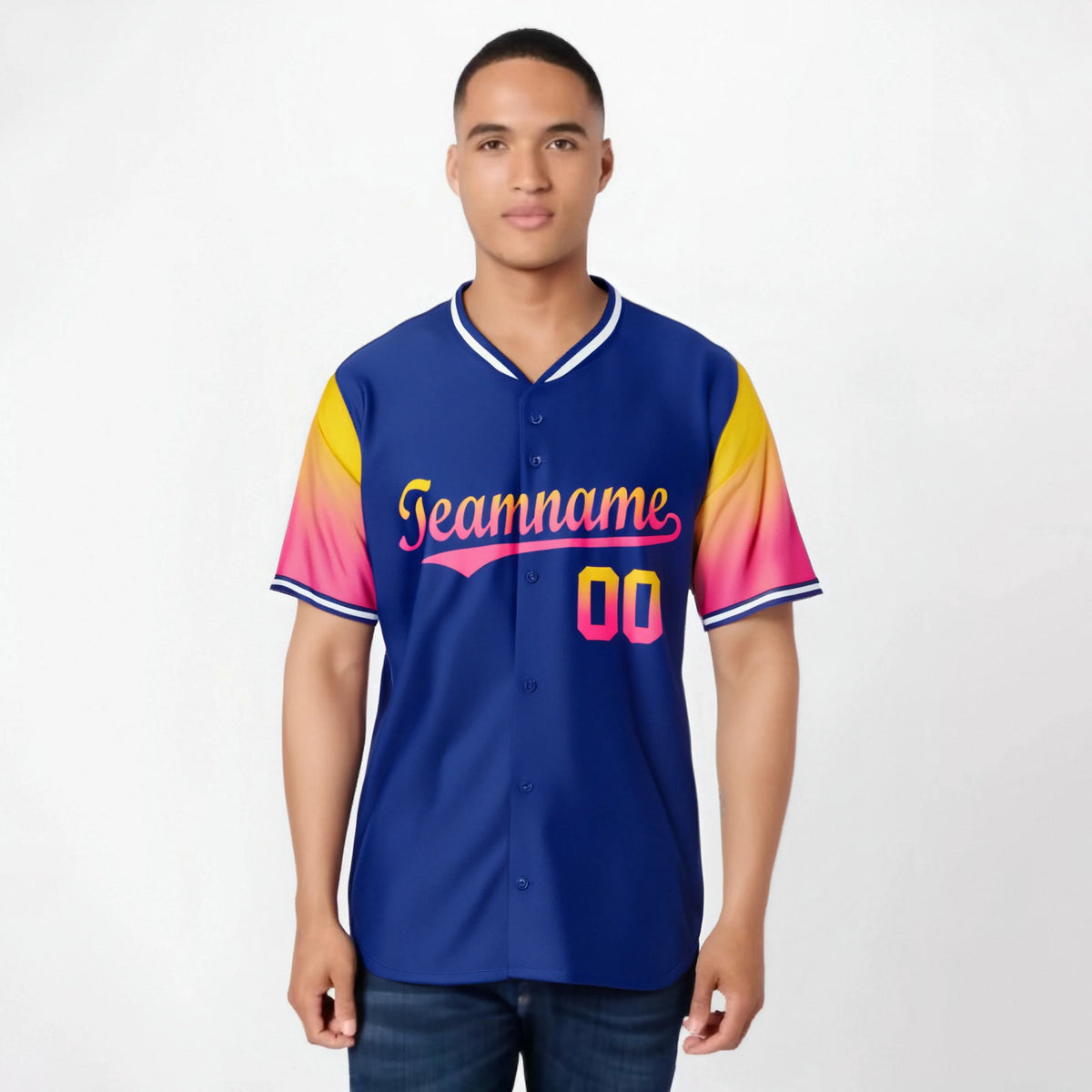 Custom Royal Blue Gold-Pink Gradient Fashion Authentic Baseball Jersey