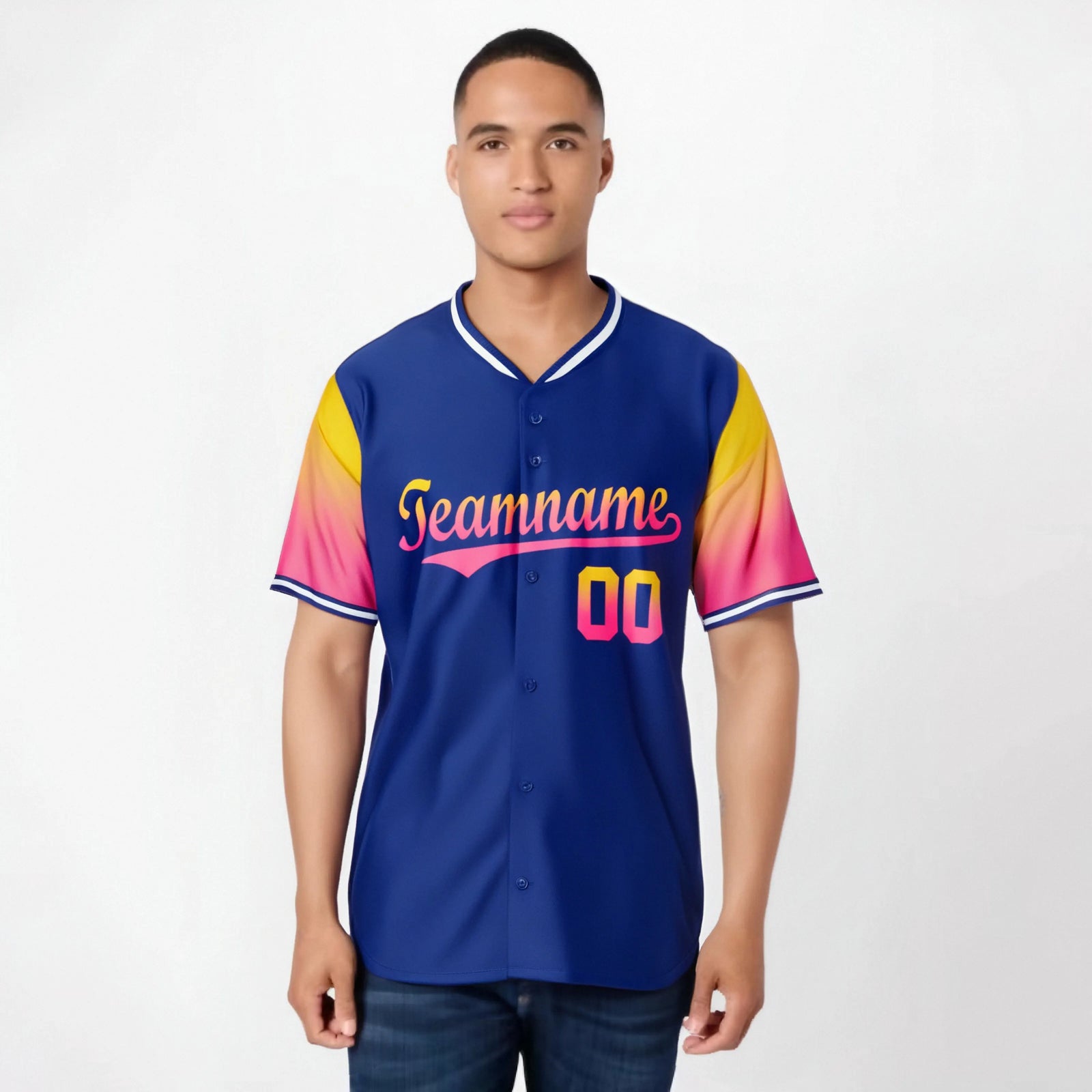 Custom Royal Blue Gold-Pink Gradient Fashion Authentic Baseball Jersey