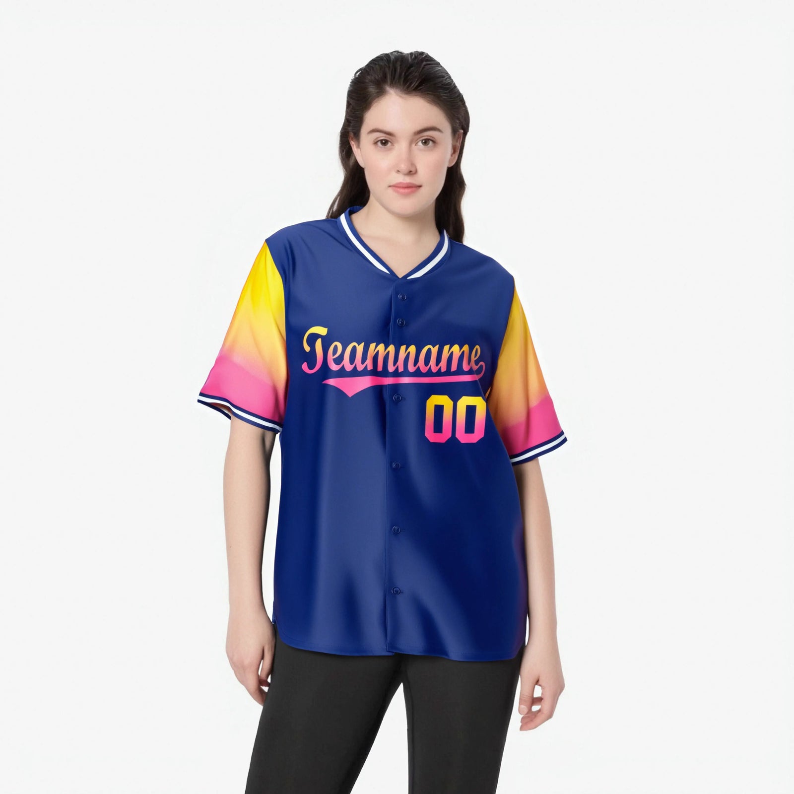 Custom Royal Blue Gold-Pink Gradient Fashion Authentic Baseball Jersey