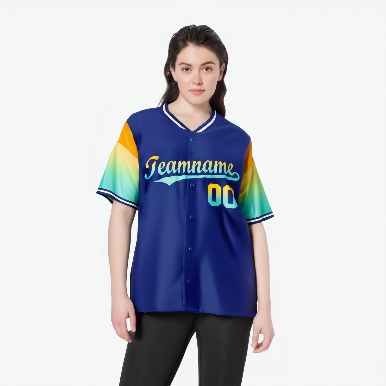 Custom Royal Blue Gold-Aqua Gradient Fashion Authentic Baseball Jersey
