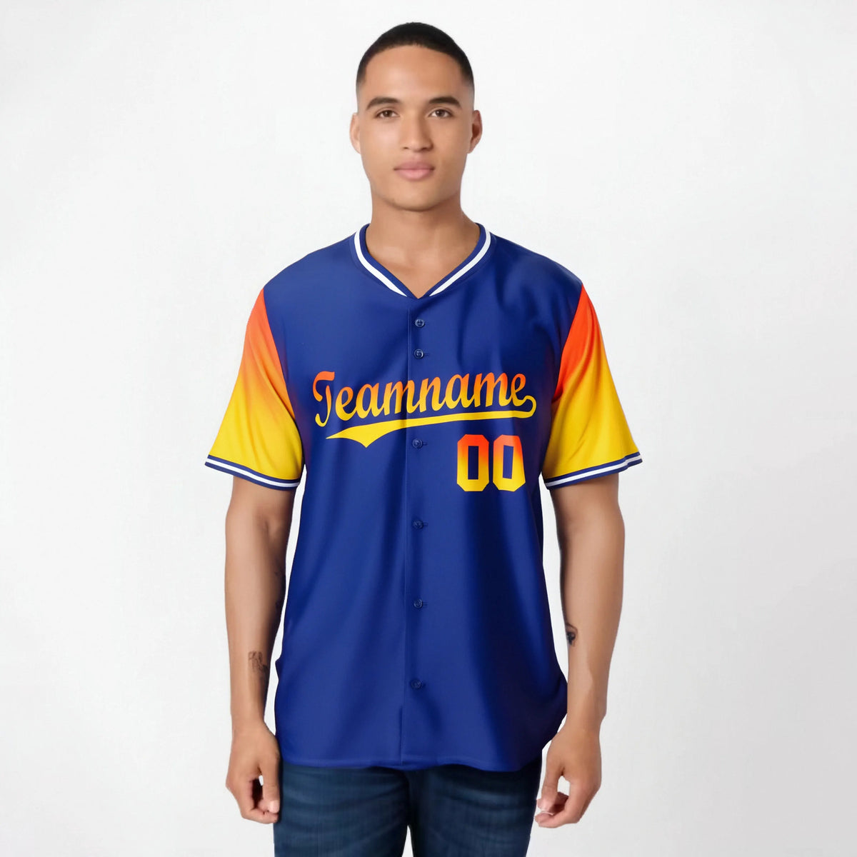 Custom Royal Blue Orange-Yellow Gradient Fashion Authentic Baseball Jersey