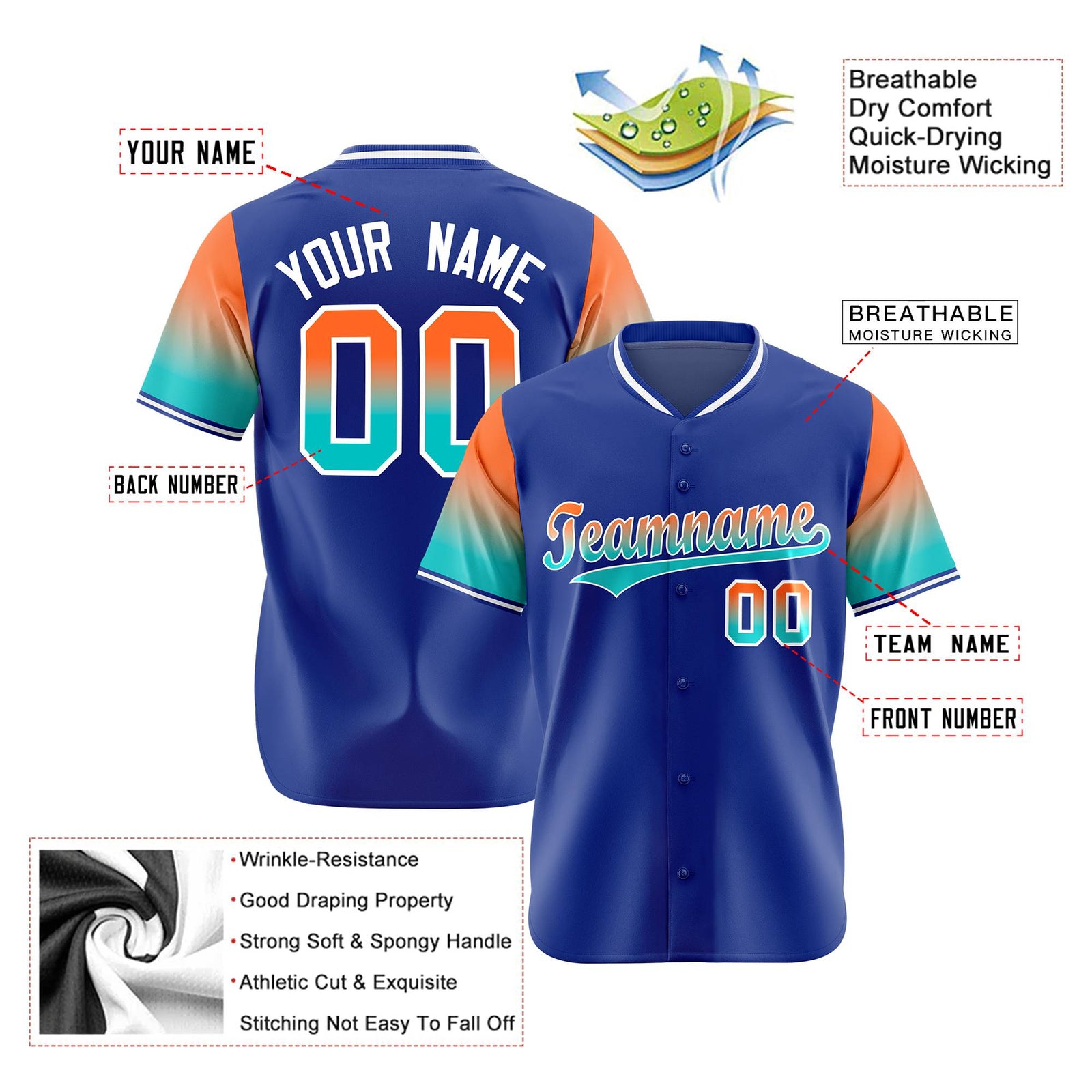 Custom Royal Blue Orange-Aqua Gradient Fashion Authentic Baseball Jersey