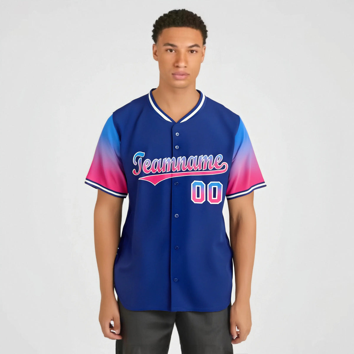 Custom Royal Blue Powder Blue-Pink Gradient Fashion Authentic Baseball Jersey