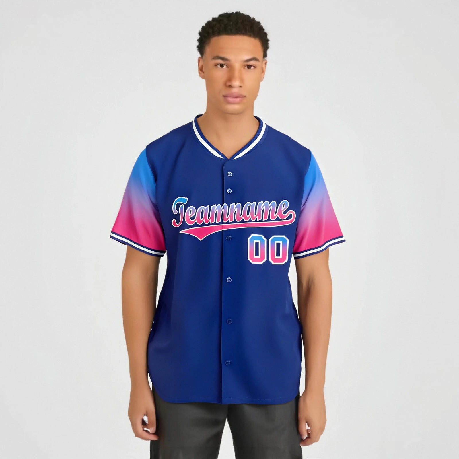 Custom Royal Blue Powder Blue-Pink Gradient Fashion Authentic Baseball Jersey