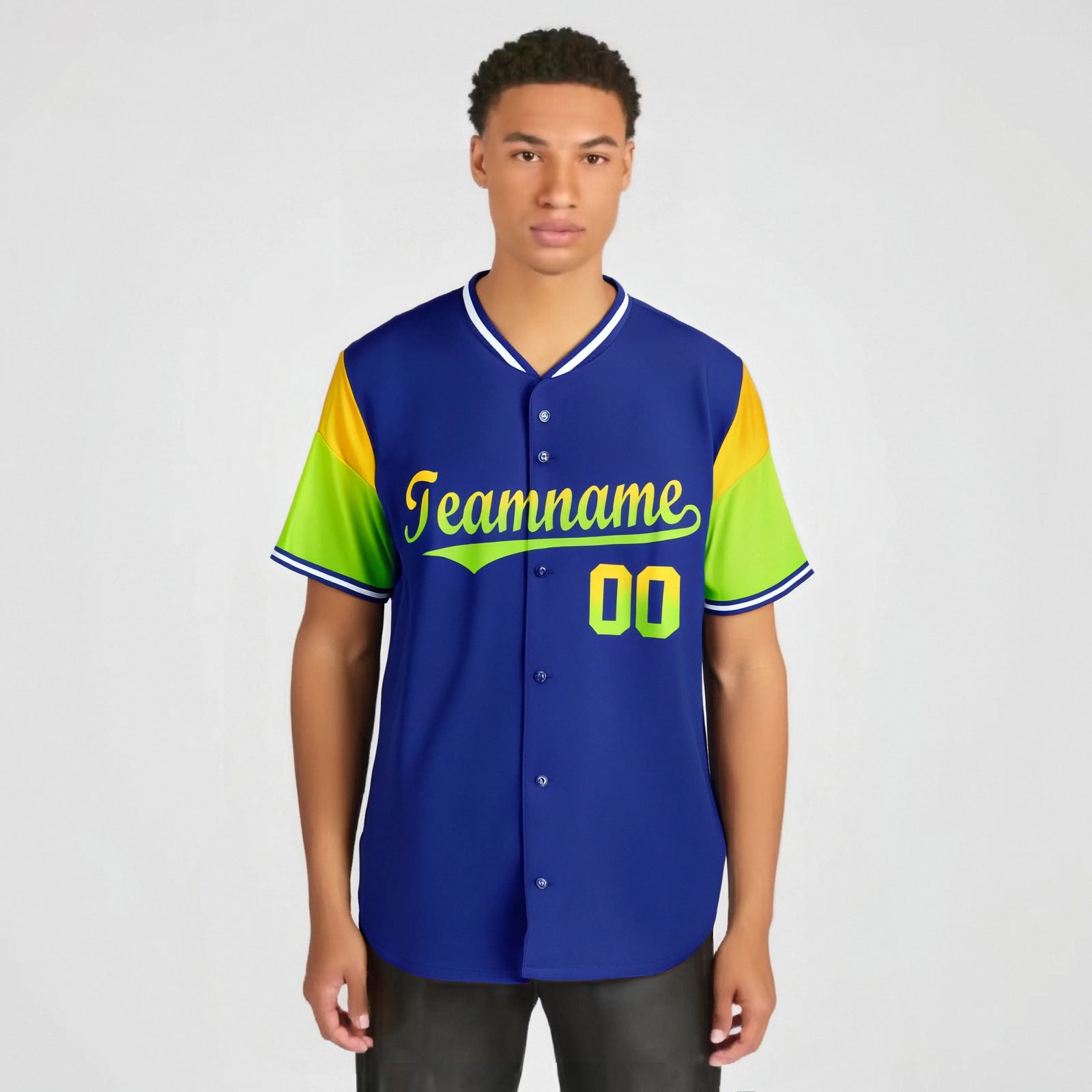 Custom Royal Blue Gold-Neon Green Gradient Fashion Authentic Baseball Jersey