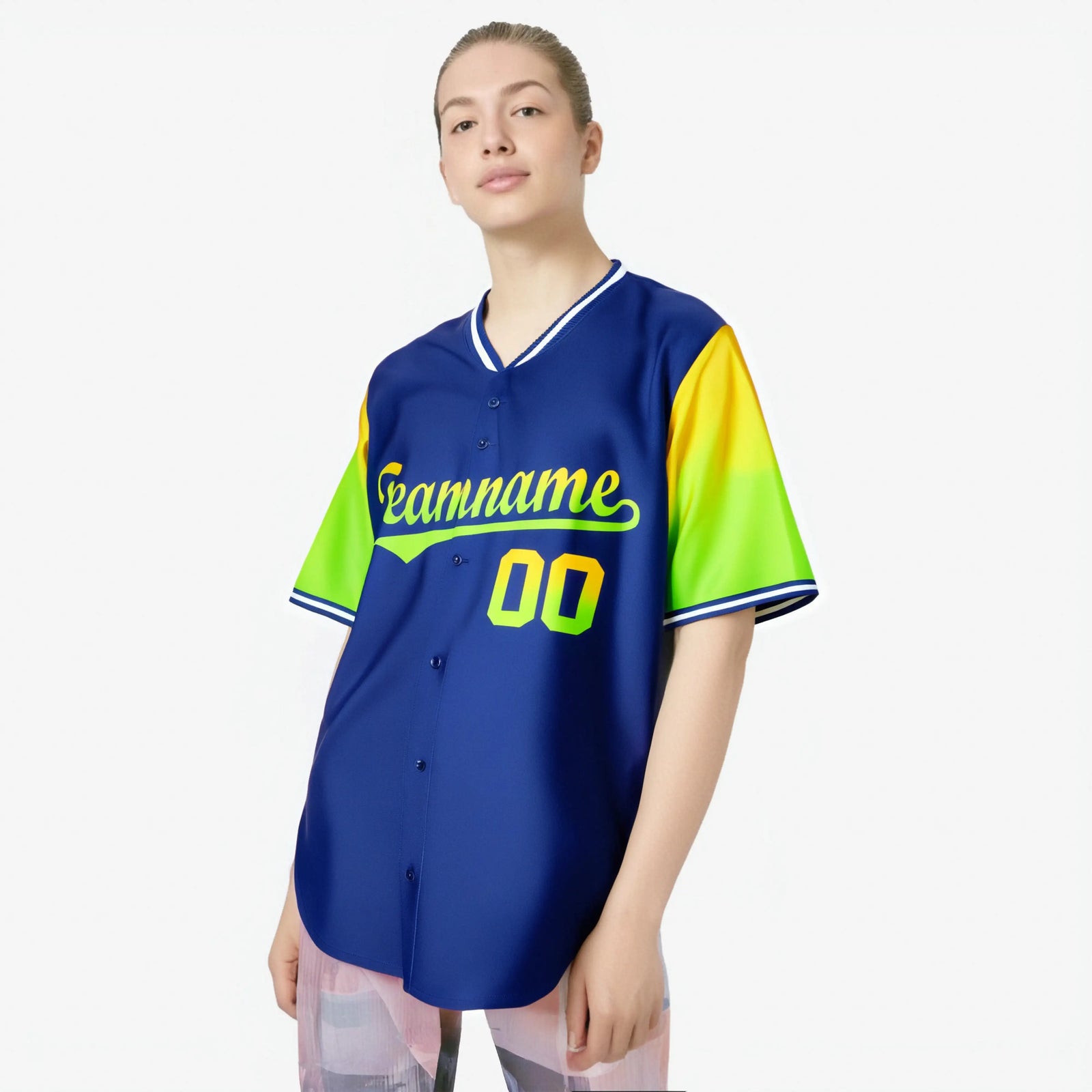 Custom Royal Blue Gold-Neon Green Gradient Fashion Authentic Baseball Jersey