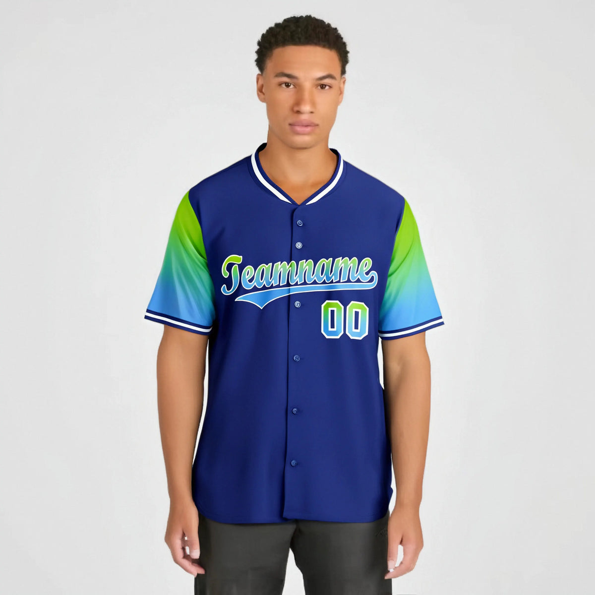 Custom Royal Blue Neon Green-Powder Blue Gradient Fashion Authentic Baseball Jersey