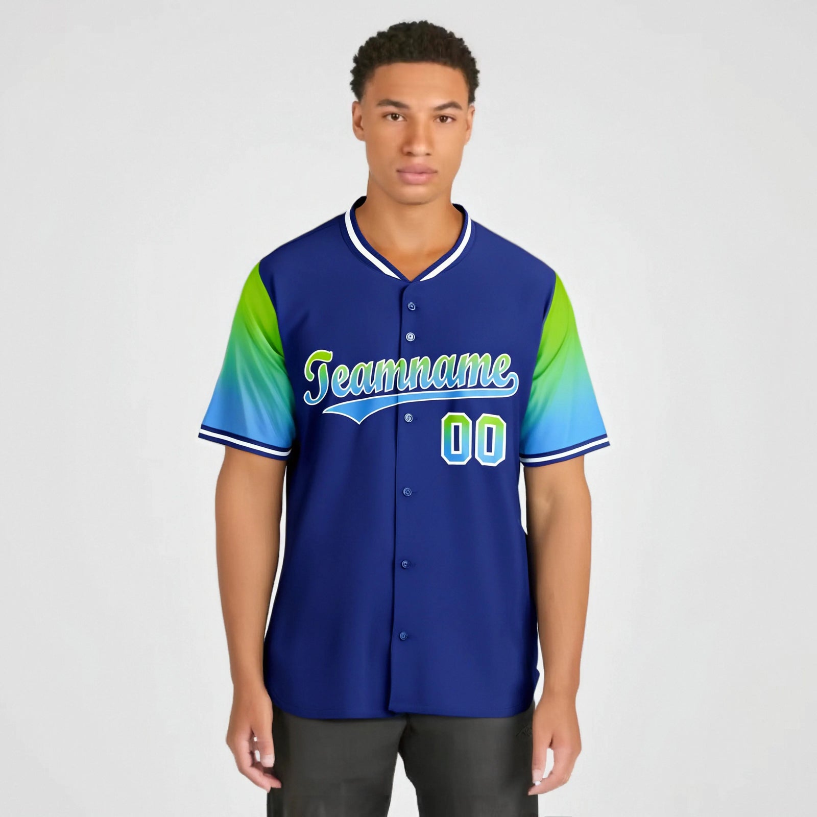 Custom Royal Blue Neon Green-Powder Blue Gradient Fashion Authentic Baseball Jersey