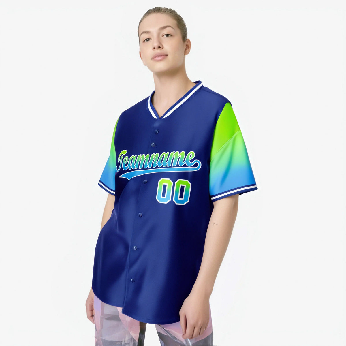 Custom Royal Blue Neon Green-Powder Blue Gradient Fashion Authentic Baseball Jersey