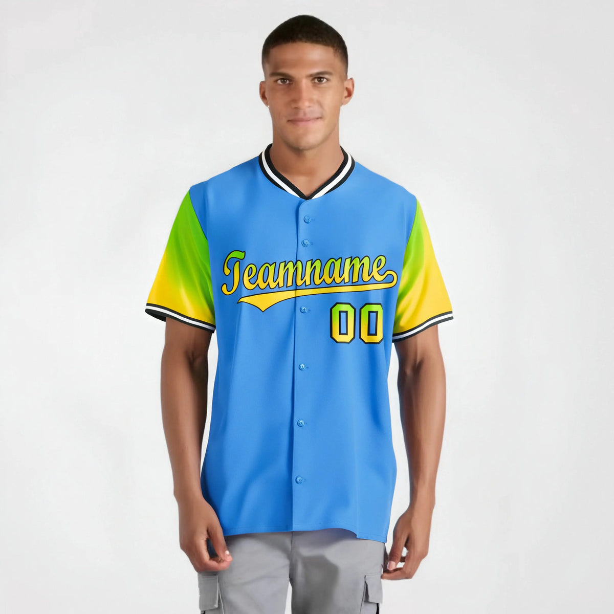 Custom Powder Blue Neon Green-Gold Gradient Fashion Authentic Baseball Jersey