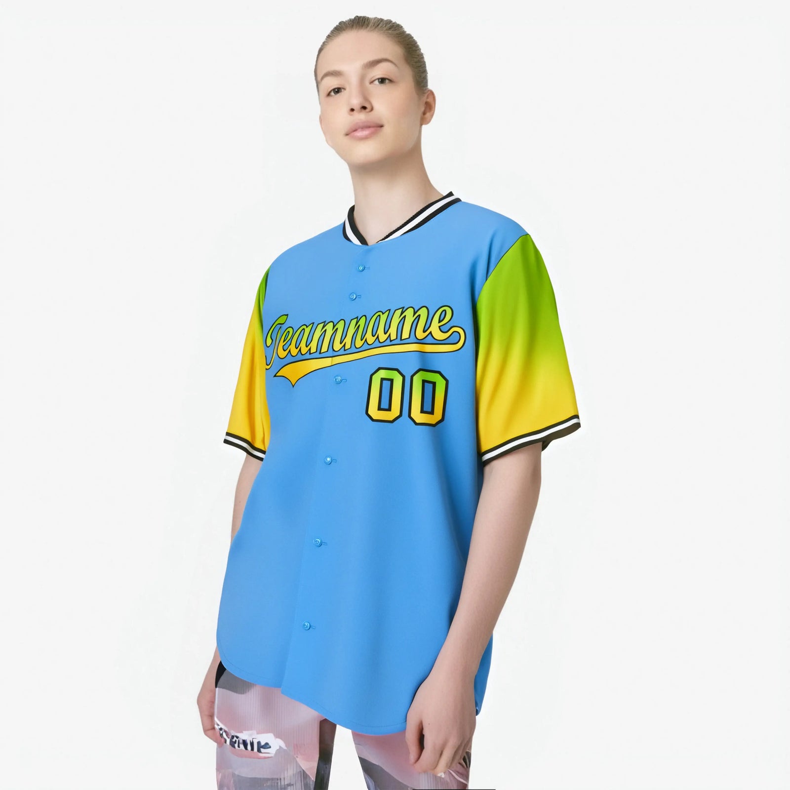 Custom Powder Blue Neon Green-Gold Gradient Fashion Authentic Baseball Jersey