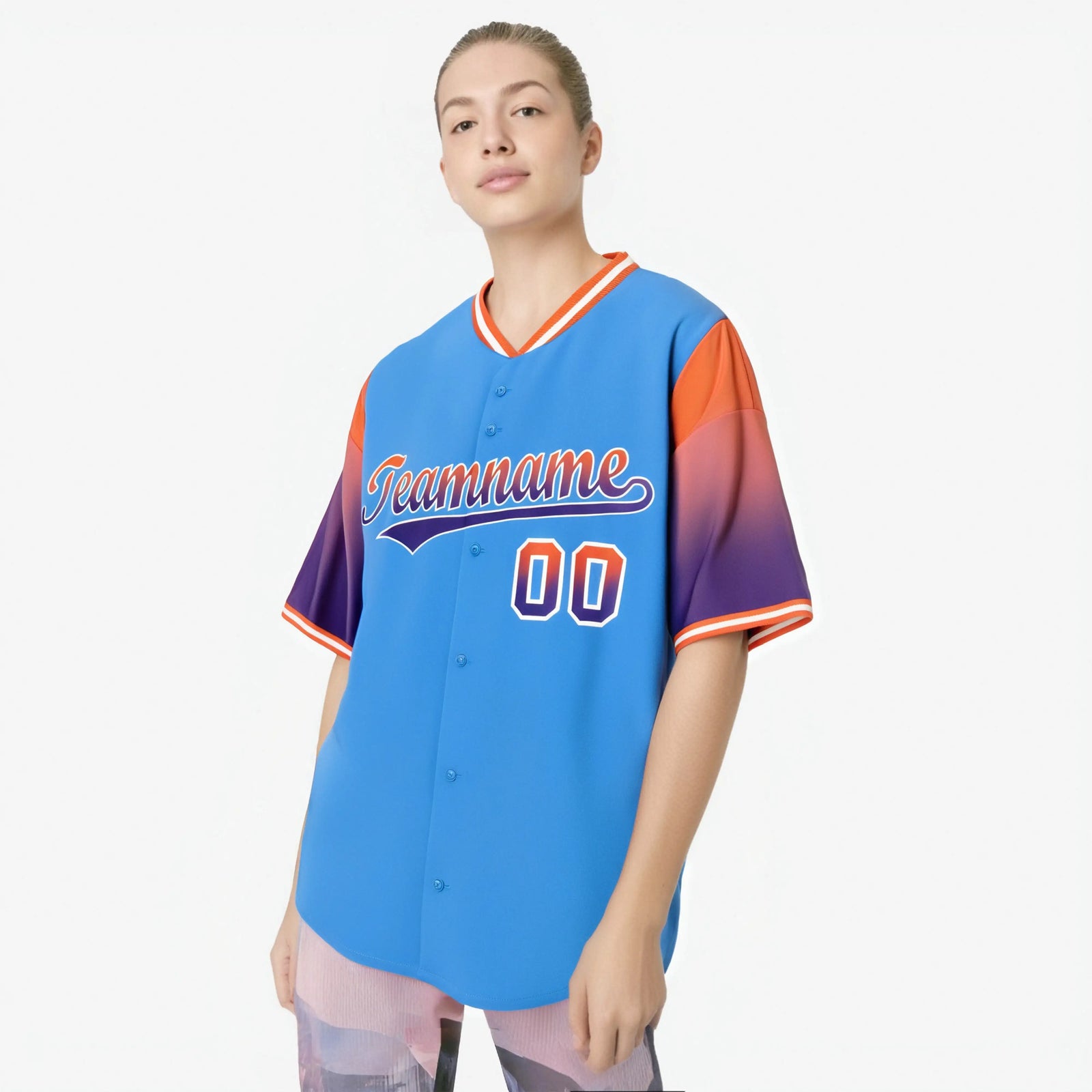 Custom Powder Blue Orange-Purple Gradient Fashion Authentic Baseball Jersey