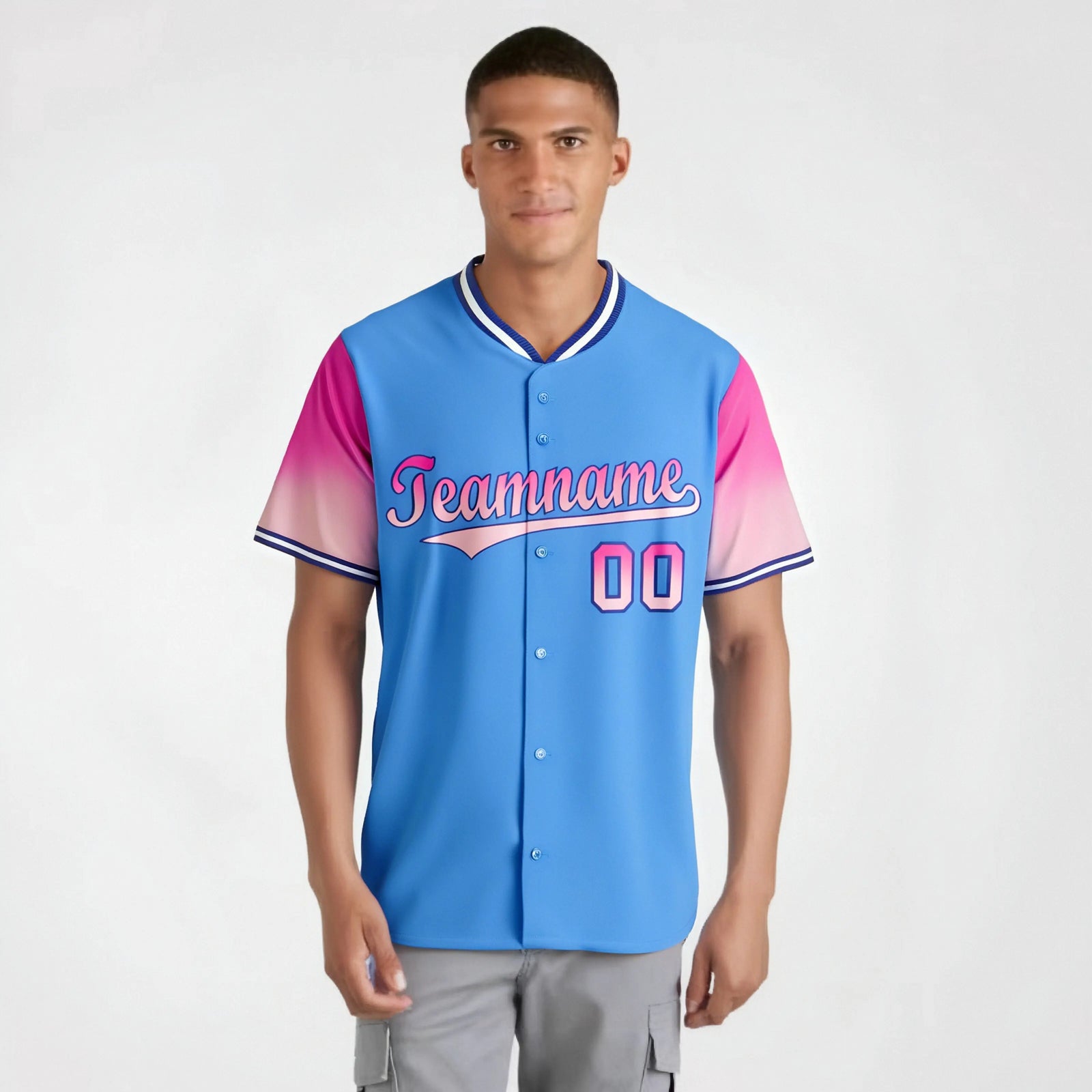 Custom Powder Blue Pink-Light Pink Gradient Fashion Authentic Baseball Jersey