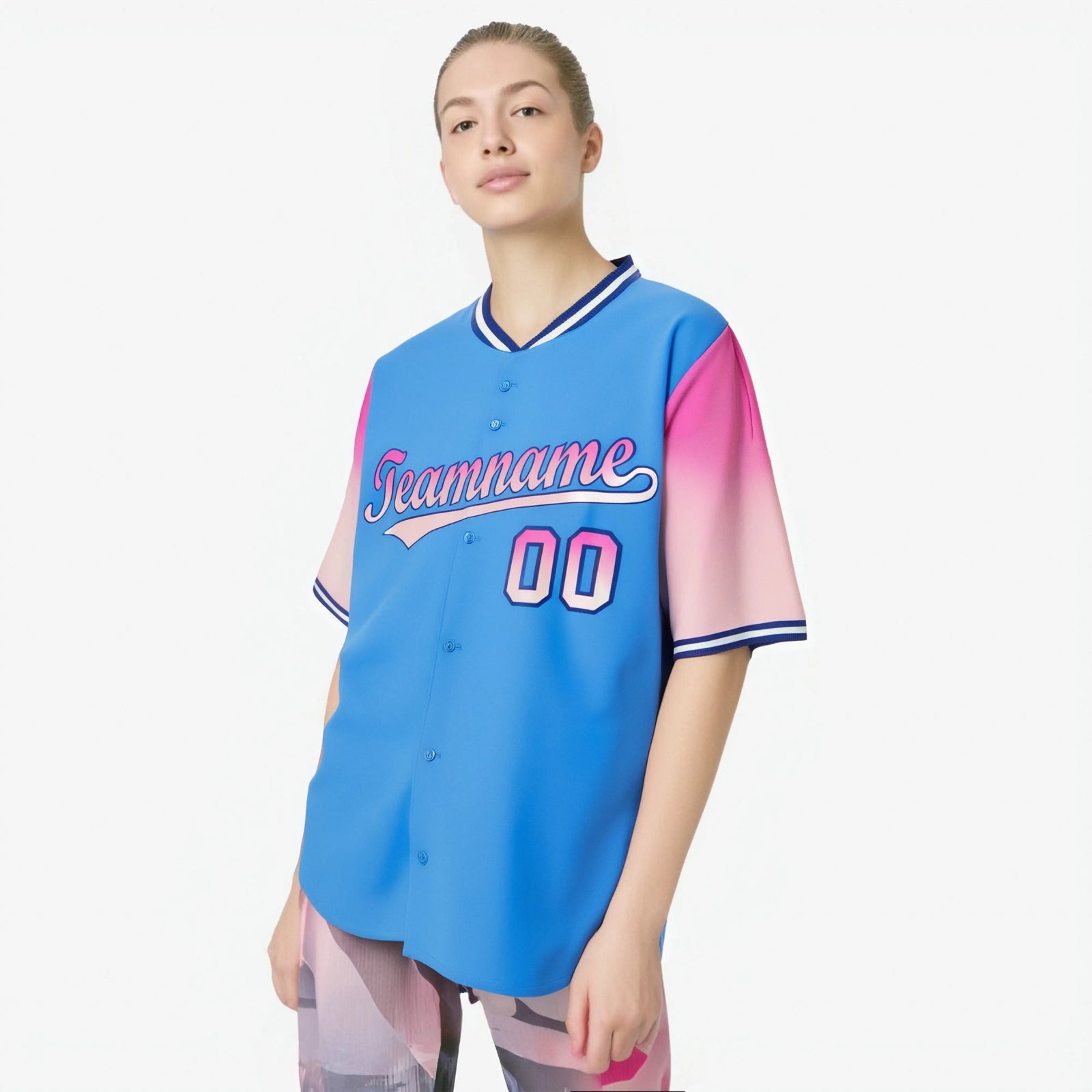 Custom Powder Blue Pink-Light Pink Gradient Fashion Authentic Baseball Jersey
