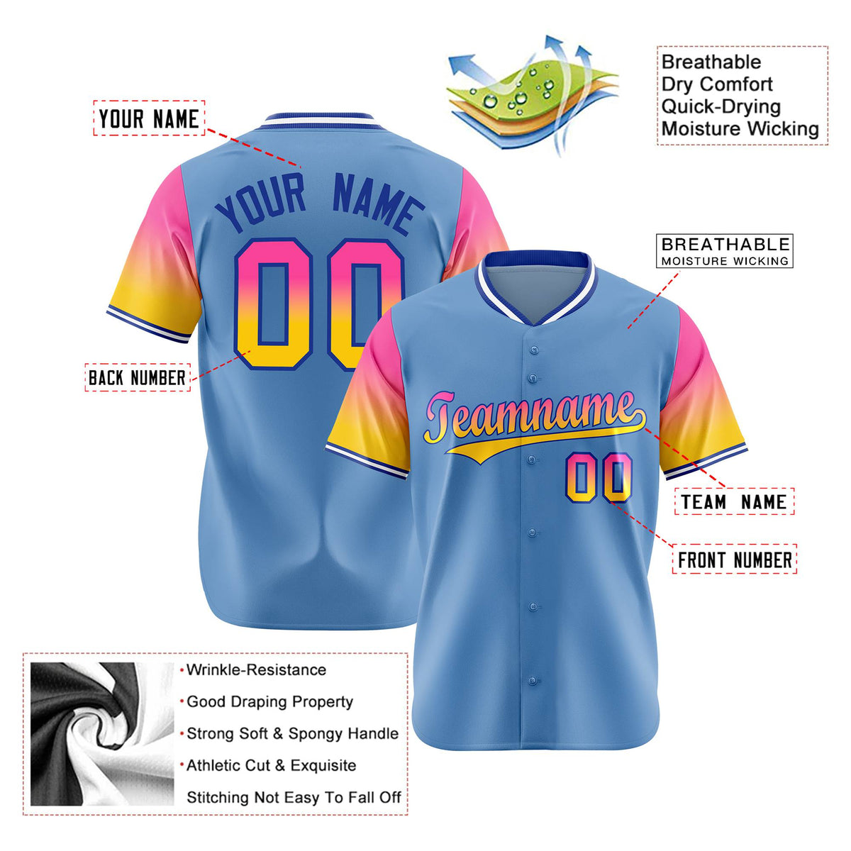 Custom Light Blue Pink-Gold Gradient Fashion Authentic Baseball Jersey