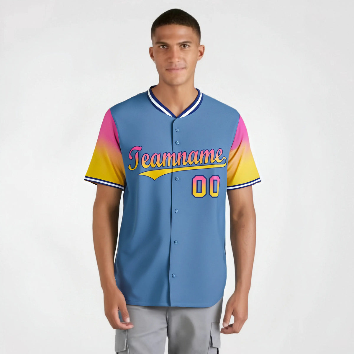 Custom Light Blue Pink-Gold Gradient Fashion Authentic Baseball Jersey