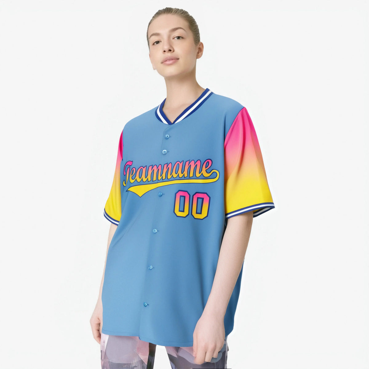 Custom Light Blue Pink-Gold Gradient Fashion Authentic Baseball Jersey