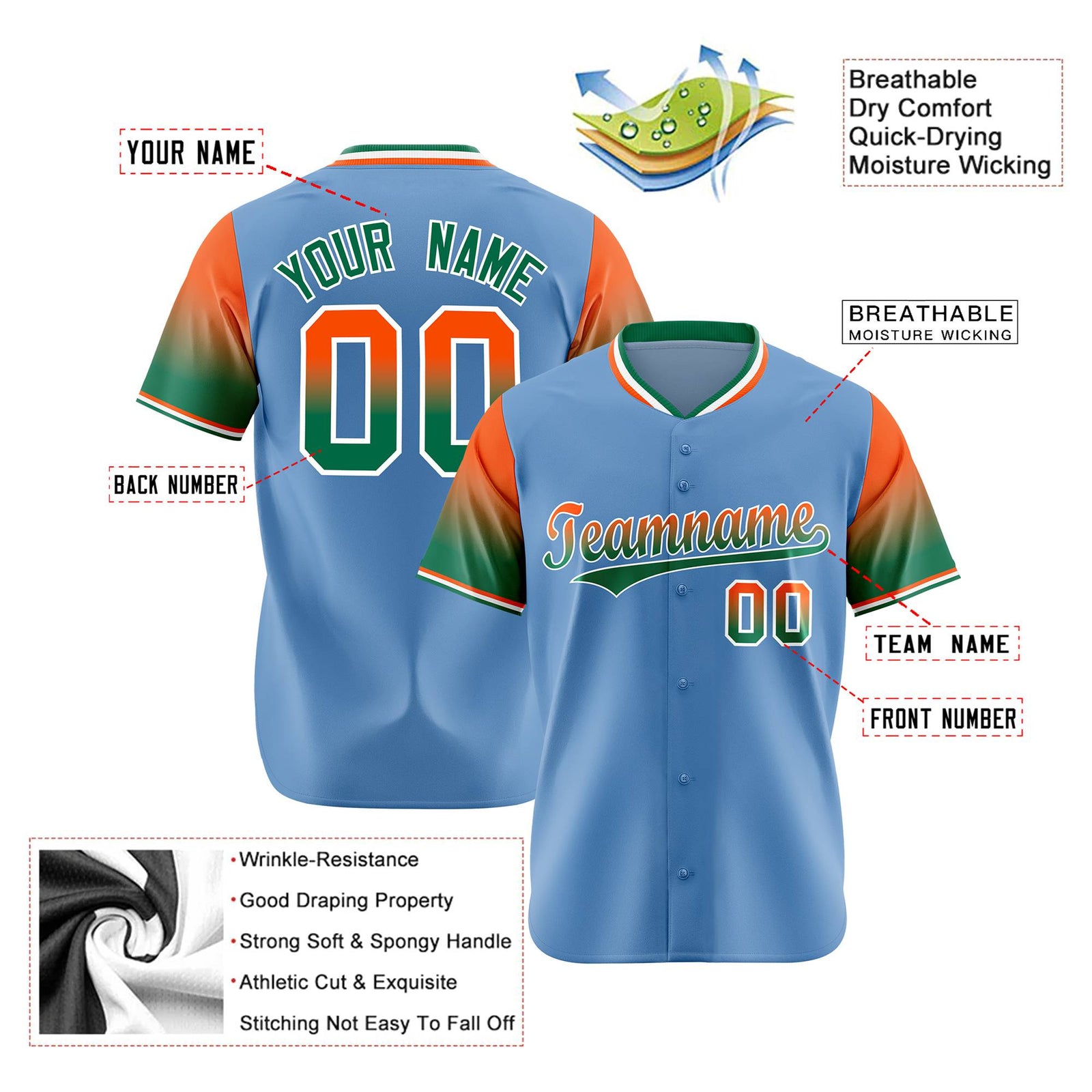 Custom Light Blue Orange-Green Gradient Fashion Authentic Baseball Jersey