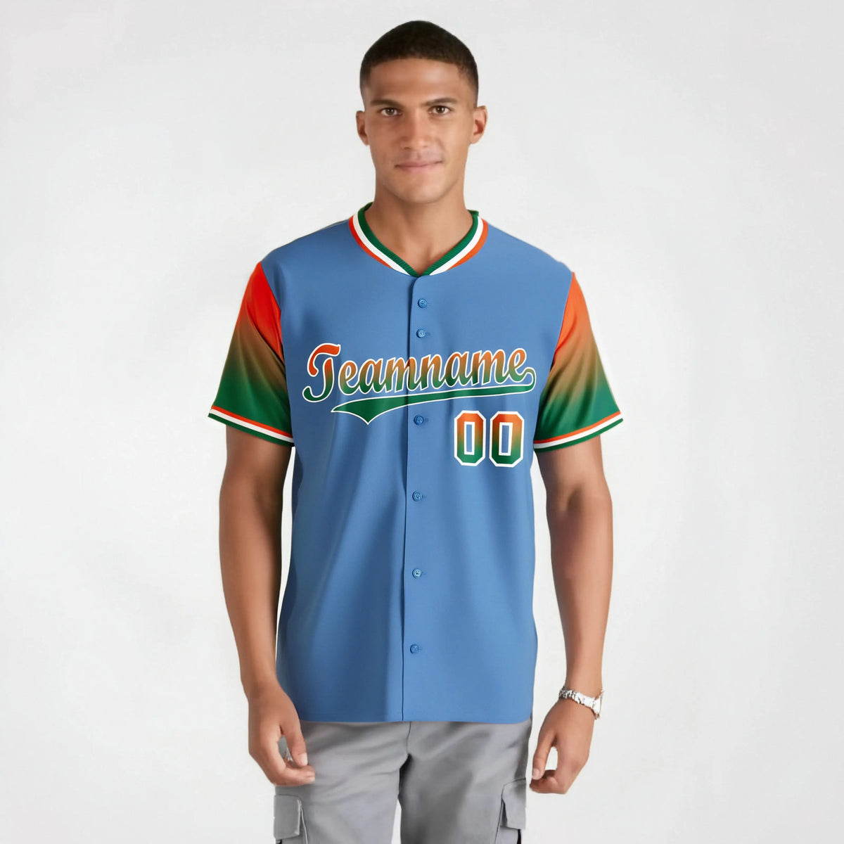 Custom Light Blue Orange-Green Gradient Fashion Authentic Baseball Jersey
