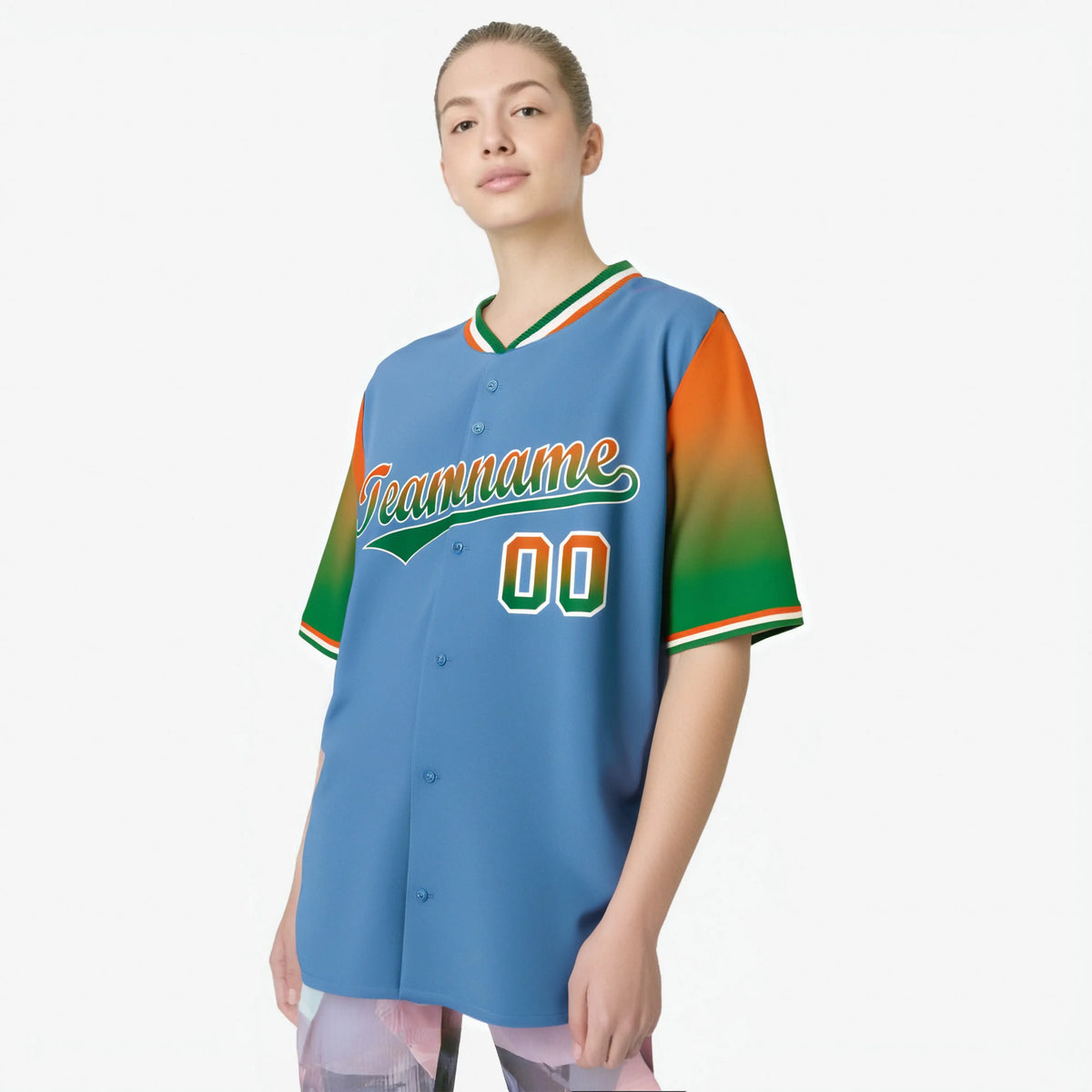 Custom Light Blue Orange-Green Gradient Fashion Authentic Baseball Jersey