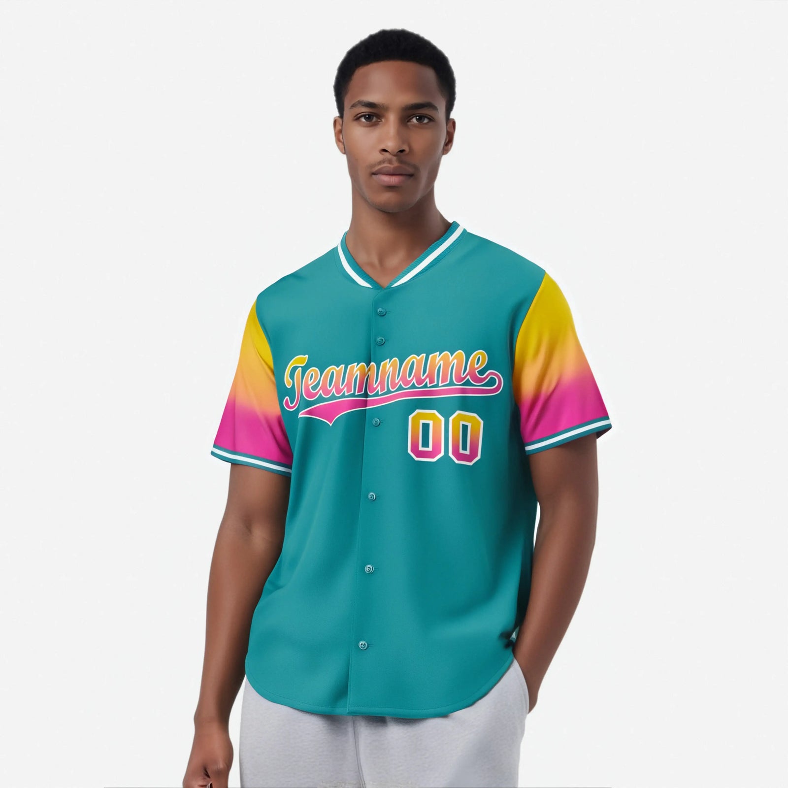 Custom Aqua Gold-Pink Gradient Fashion Authentic Baseball Jersey