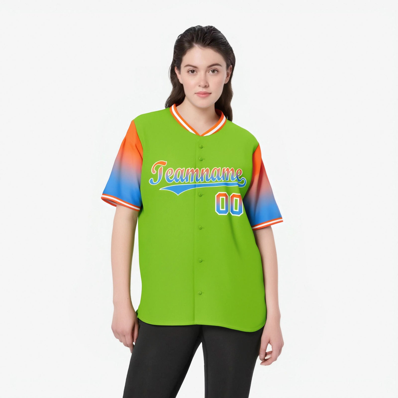 Custom Neon Green Orange-Powder Blue Gradient Fashion Authentic Baseball Jersey