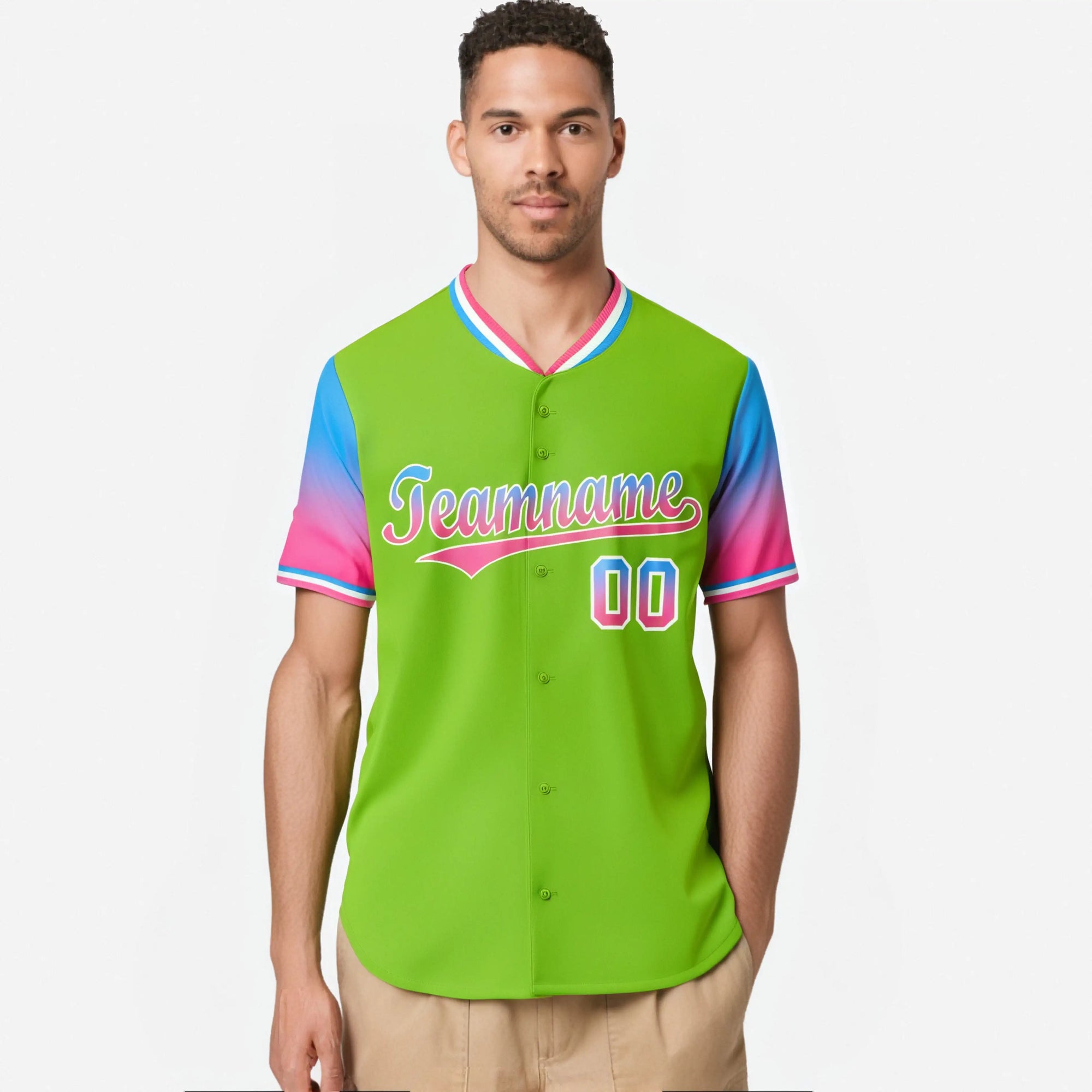 Custom Neon Green Powder Blue-Pink Gradient Fashion Authentic Baseball Jersey