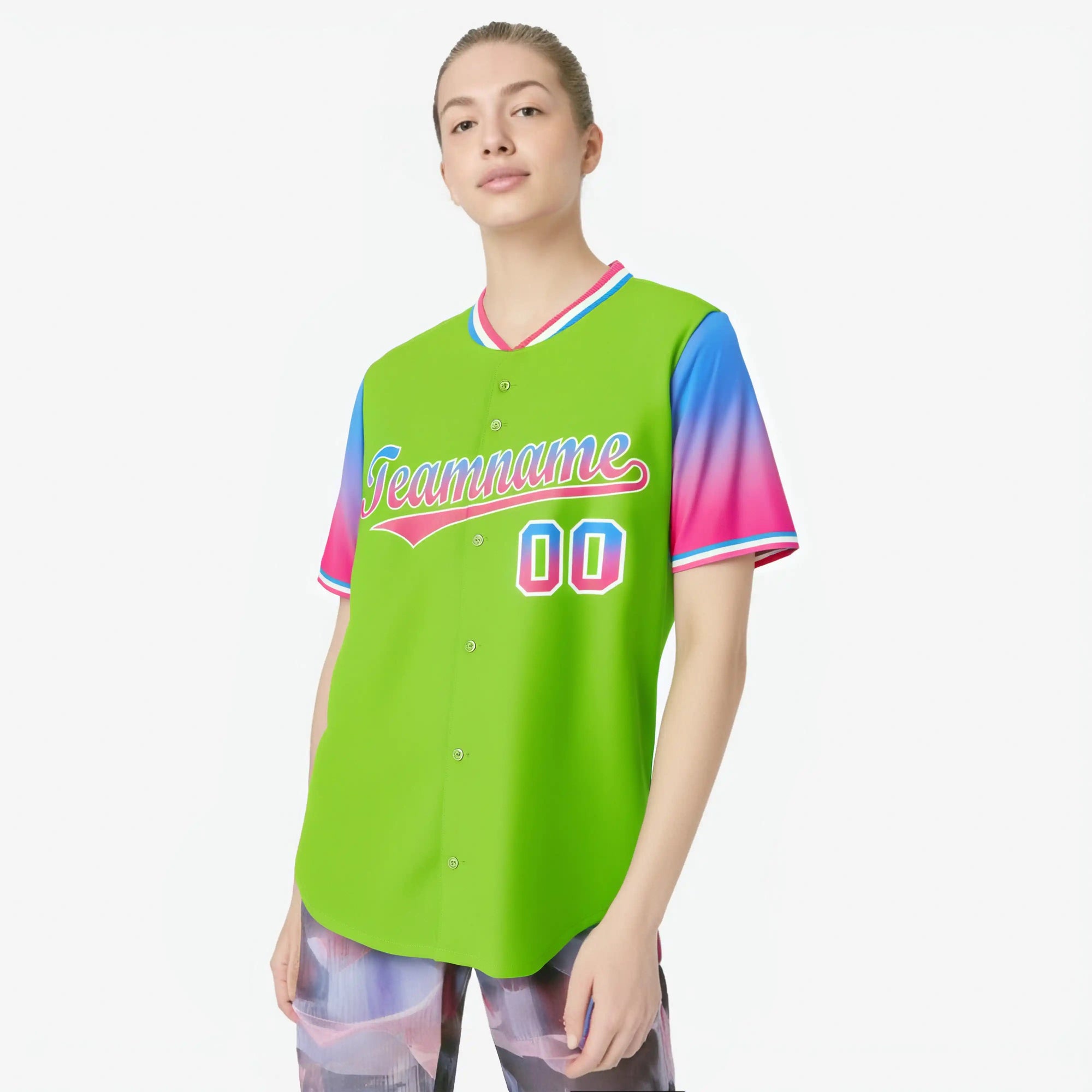 Custom Neon Green Powder Blue-Pink Gradient Fashion Authentic Baseball Jersey