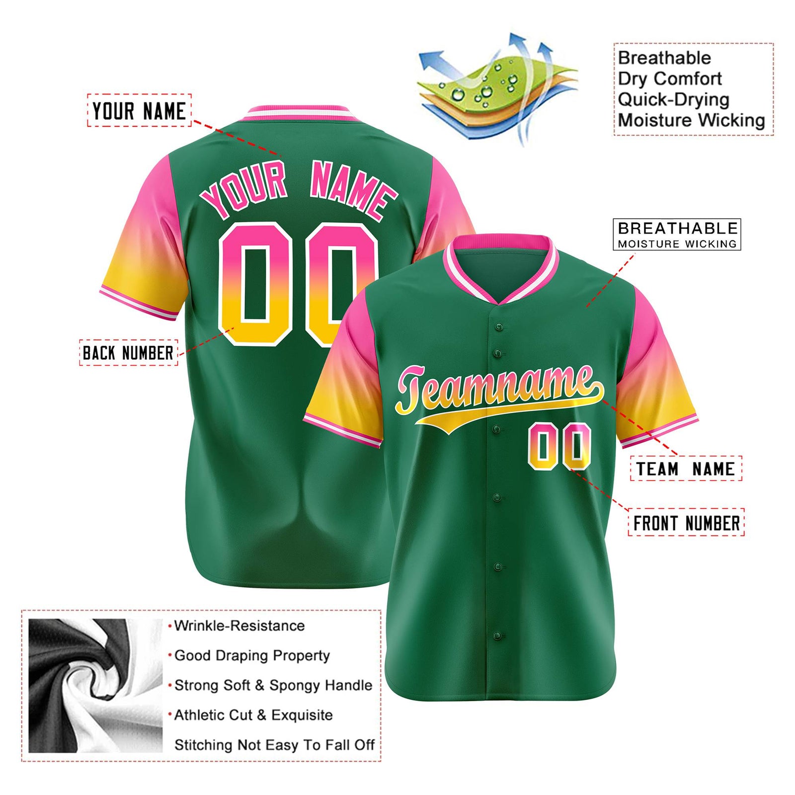 Custom Green Pink-Gold Gradient Fashion Authentic Baseball Jersey