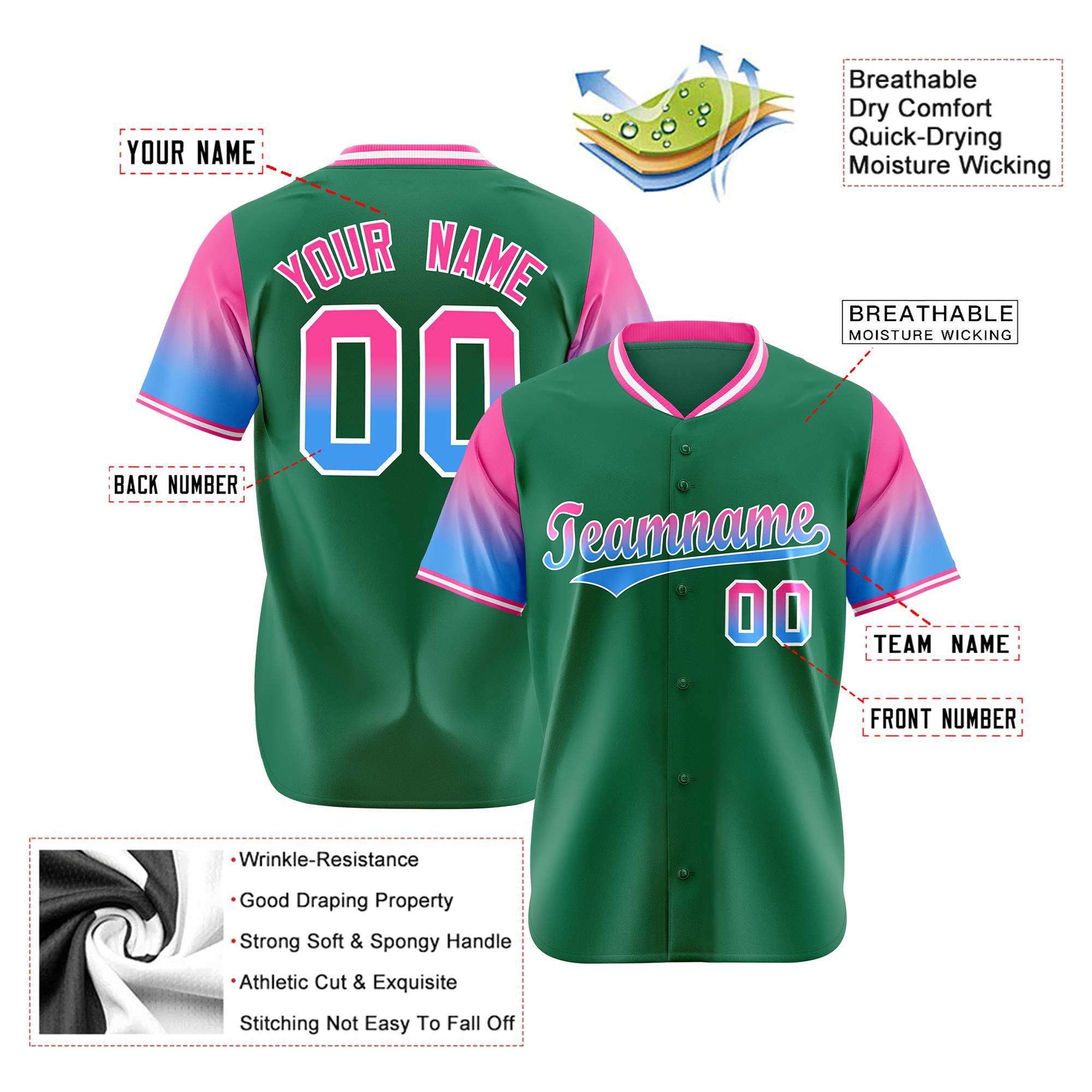 Custom Green Pink-Powder Blue Gradient Fashion Authentic Baseball Jersey