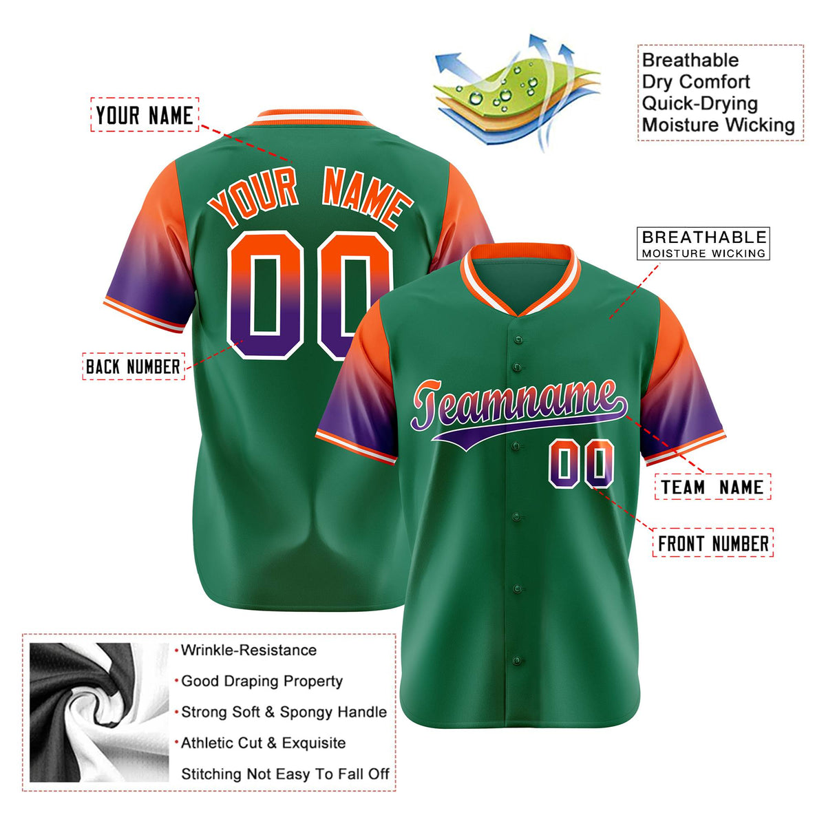Custom Green Orange-Purple Gradient Fashion Authentic Baseball Jersey
