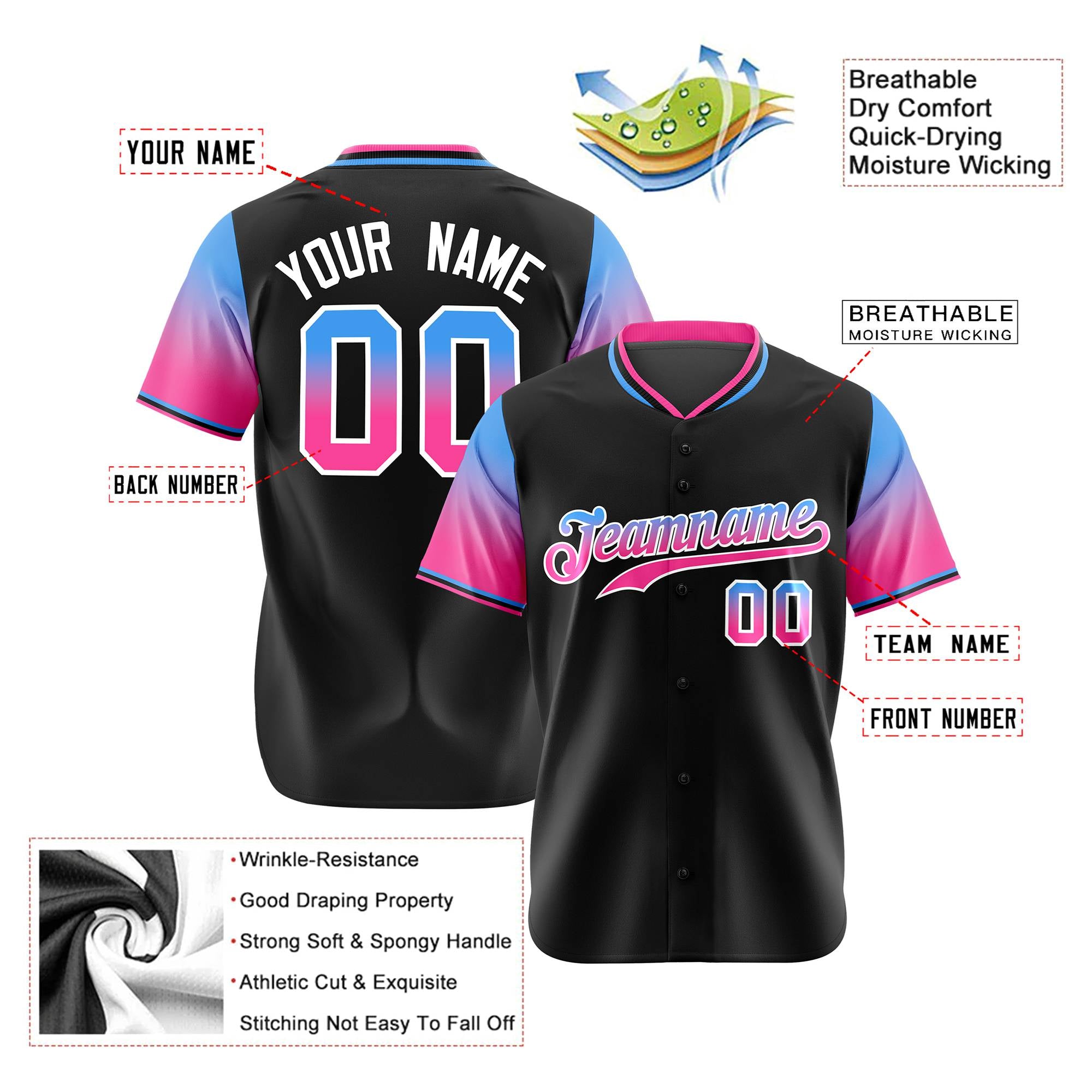 Custom Black Powder Blue-Pink Gradient Fashion Authentic Baseball Jersey