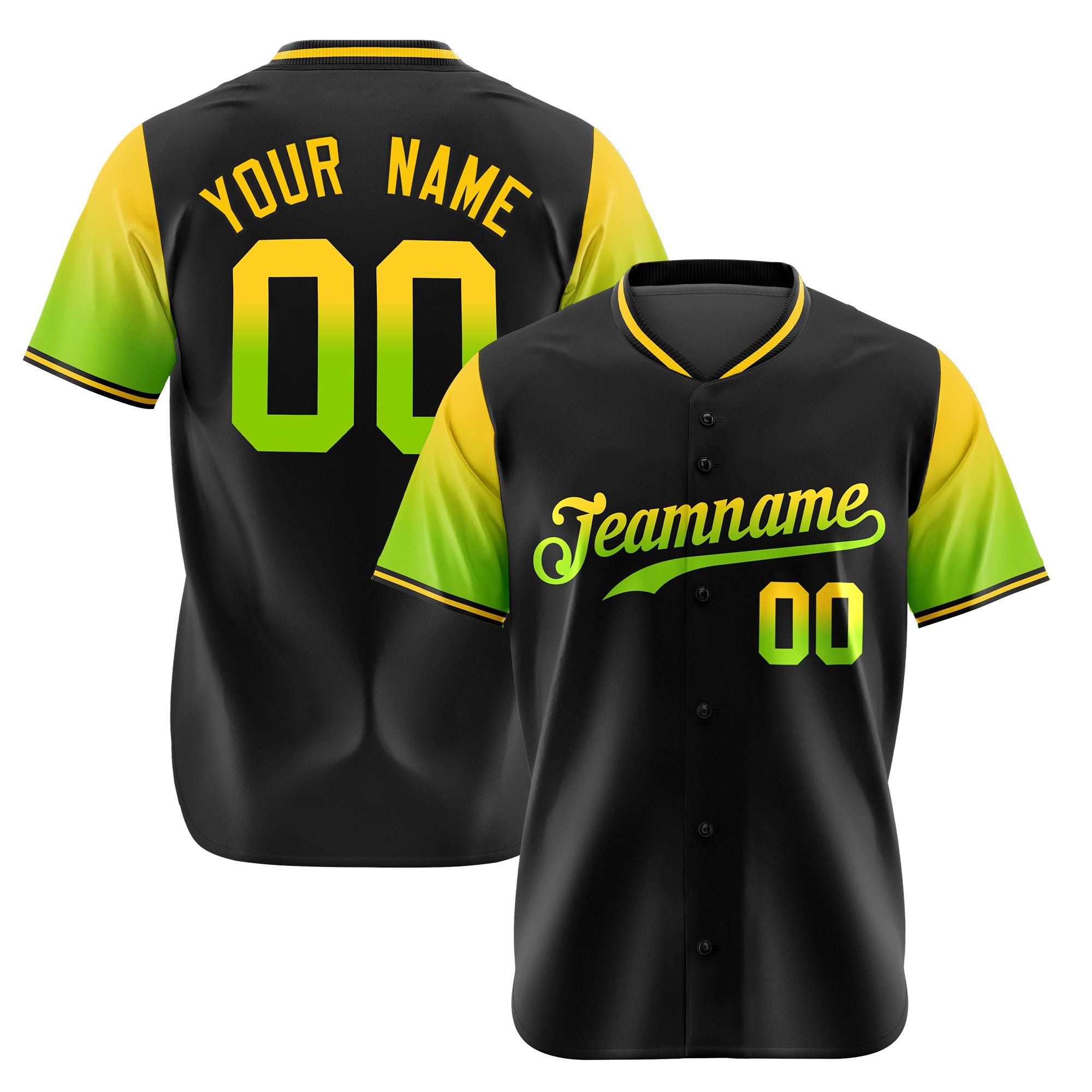 Custom Black Gold-Neon Green Gradient Fashion Authentic Baseball Jersey