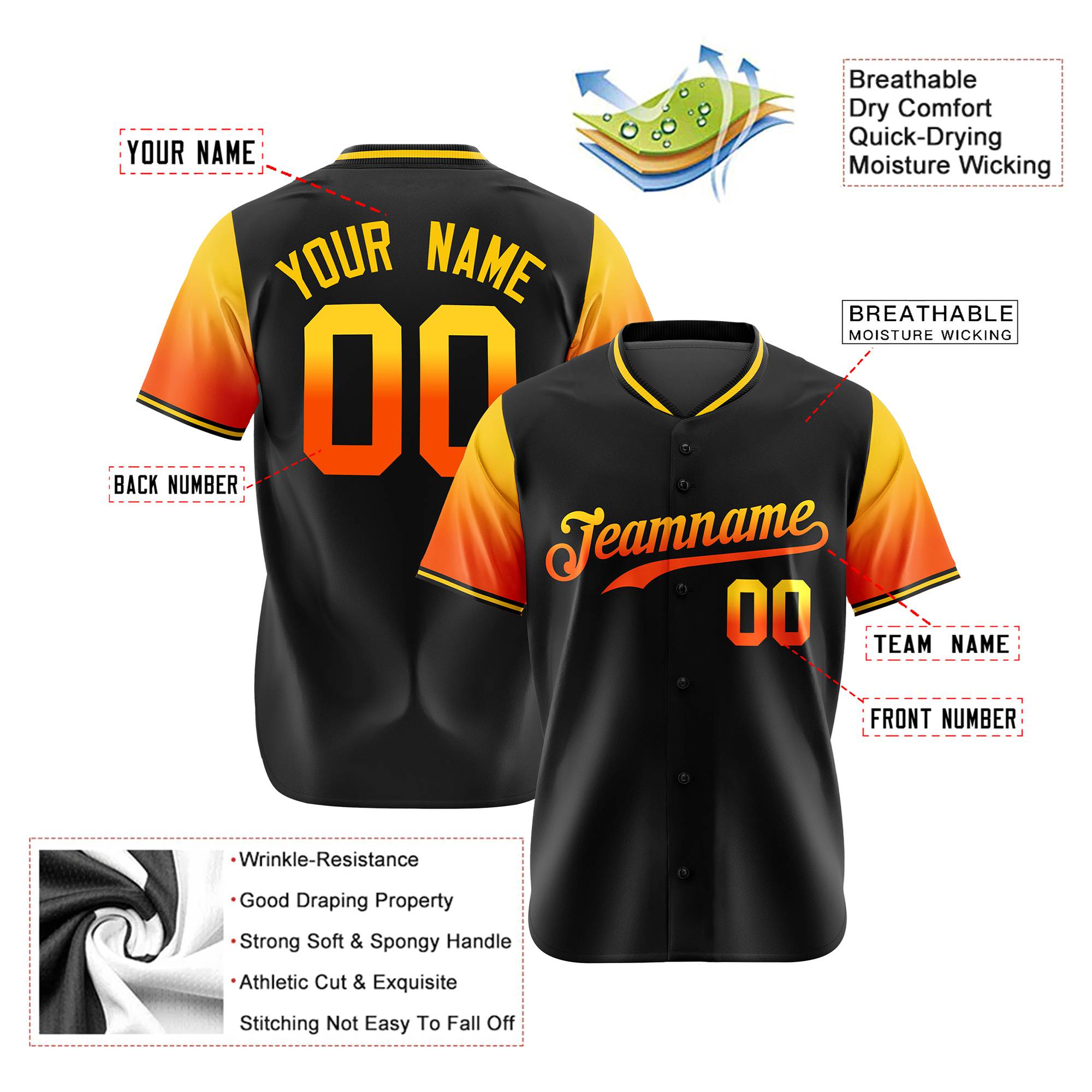 Custom Black Gold-Orange Gradient Fashion Authentic Baseball Jersey