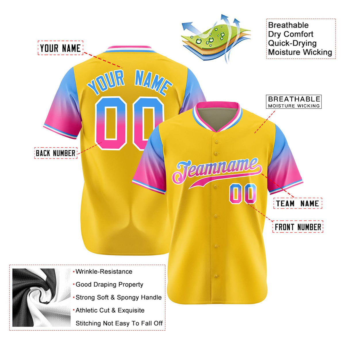Custom Gold Powder Blue-Pink Gradient Fashion Authentic Baseball Jersey