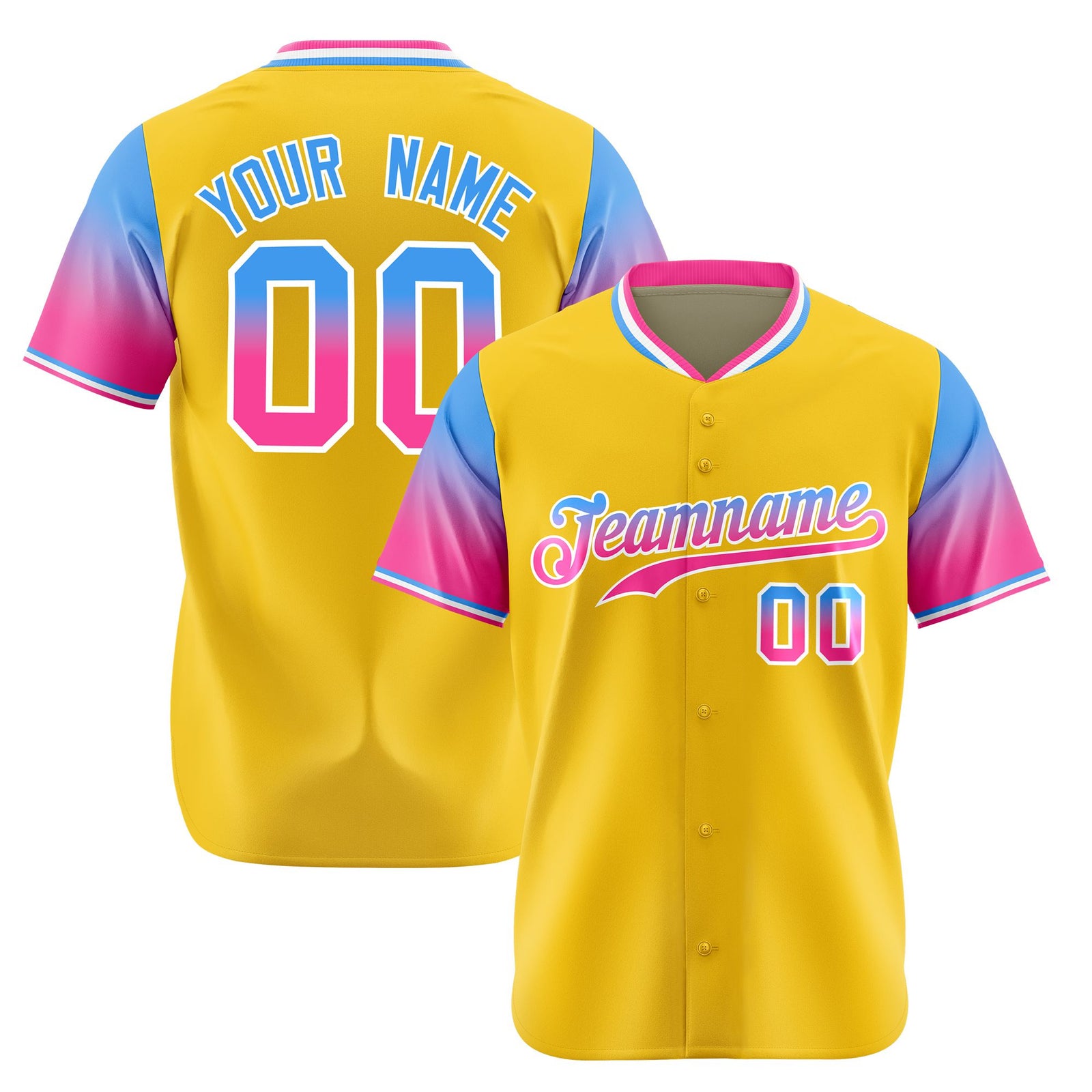 Custom Gold Powder Blue-Pink Gradient Fashion Authentic Baseball Jersey