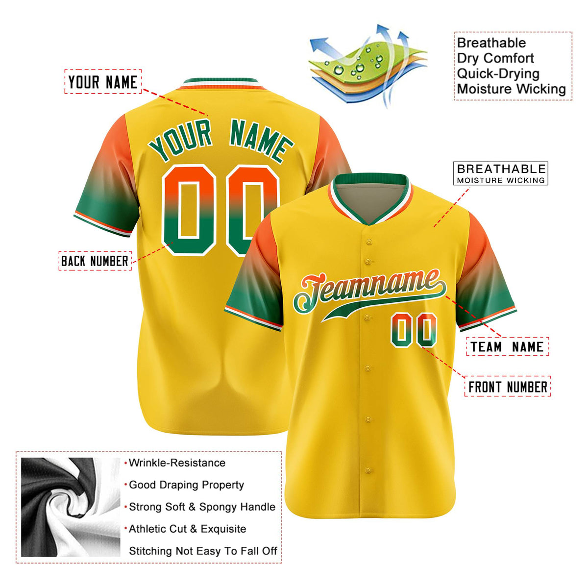 Custom Gold Orange-Green Gradient Fashion Authentic Baseball Jersey