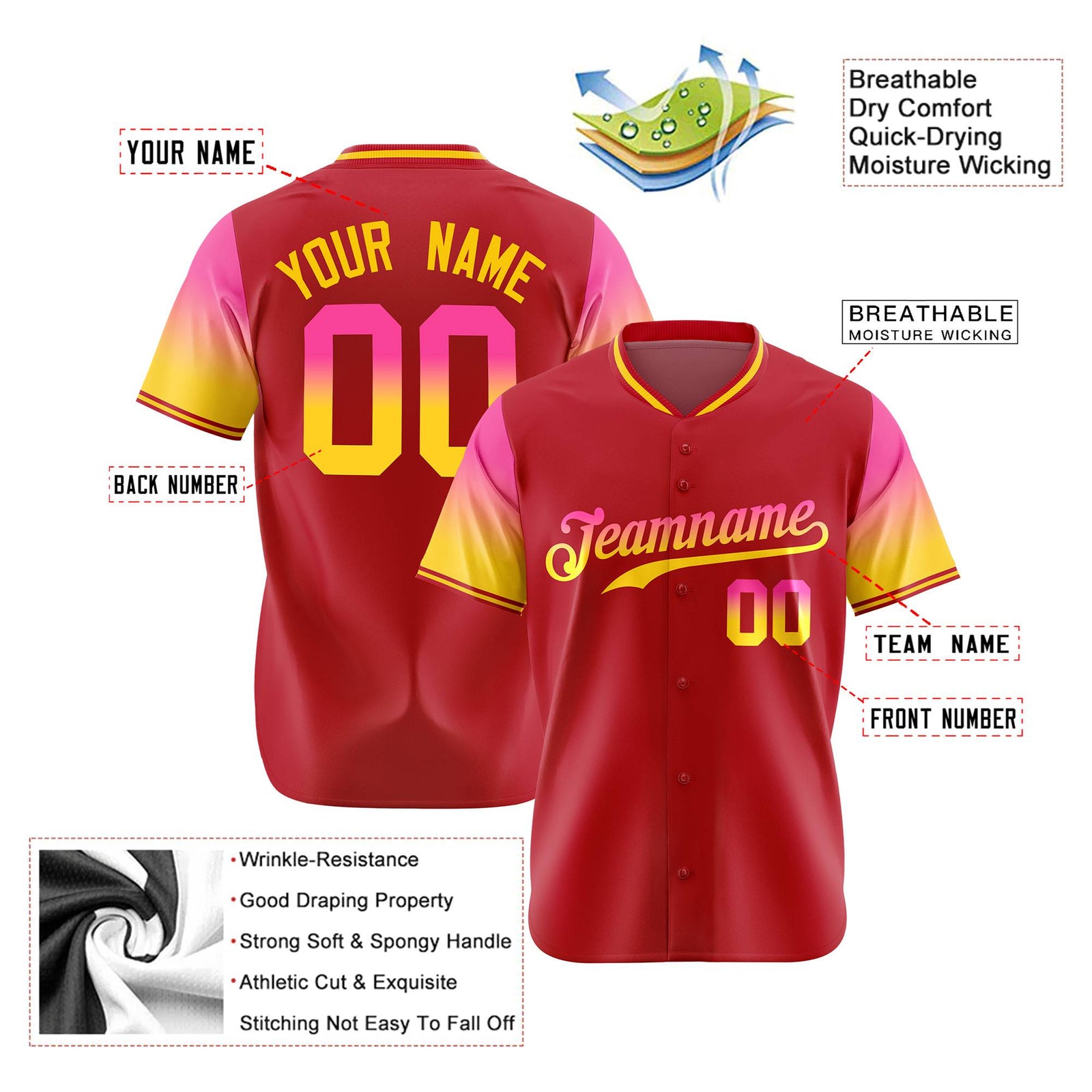 Custom Red Pink-Gold Gradient Fashion Authentic Baseball Jersey