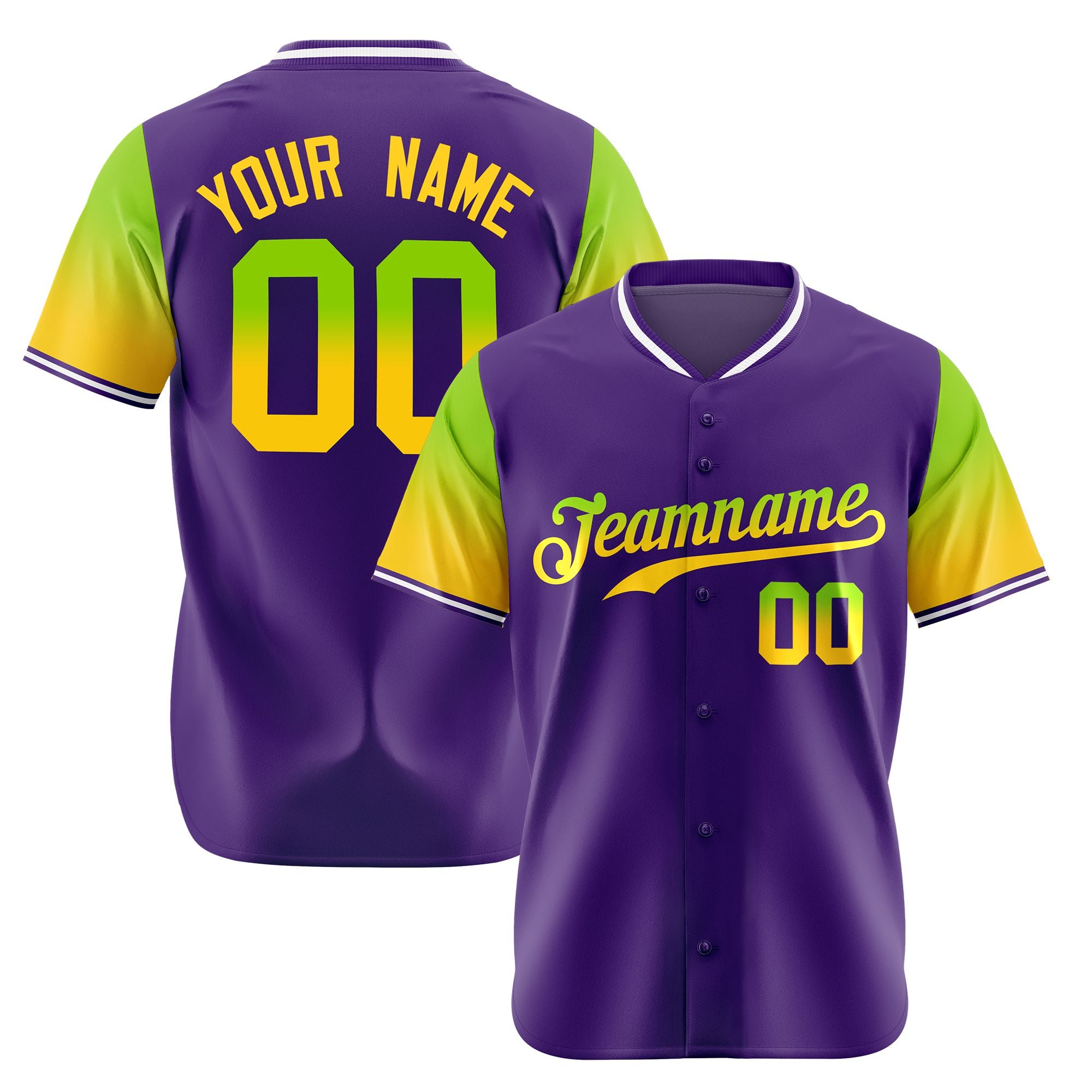 Custom Purple Neon Green-Gold Gradient Fashion Authentic Baseball Jersey