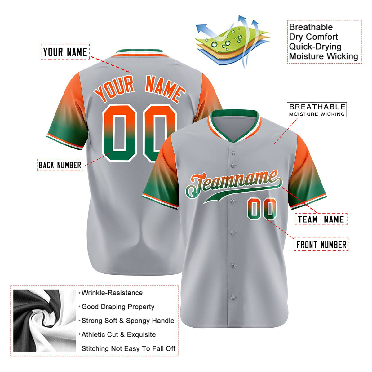 Custom Gray Orange-Kelly Green Gradient Fashion Authentic Baseball Jersey